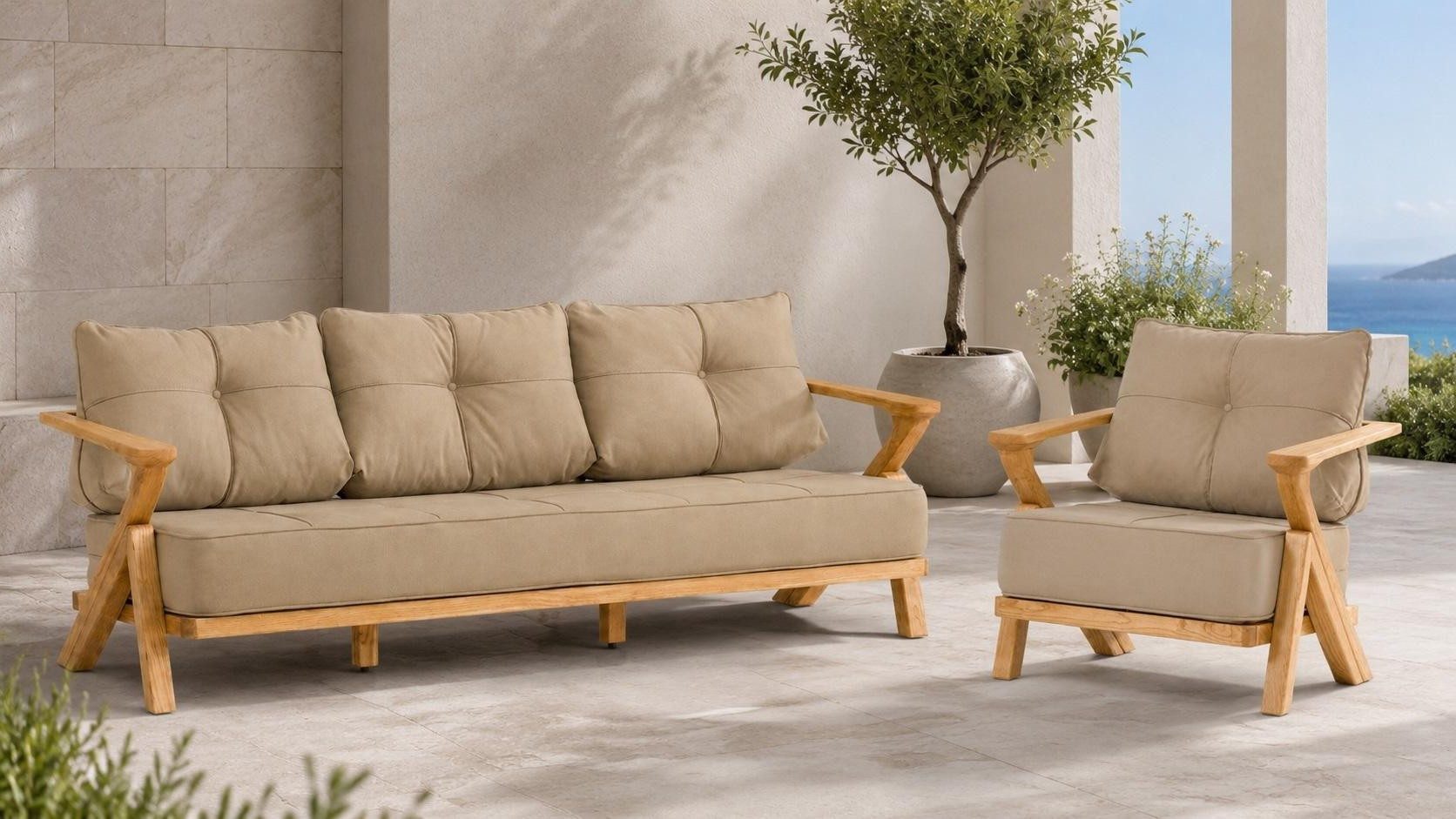Xlmoebel Gartenlounge-Set Gartenlounge Set 3-Sitzer Sofa Sessel Beige Kissen Elegant, (2-tlg., 2-tlg)