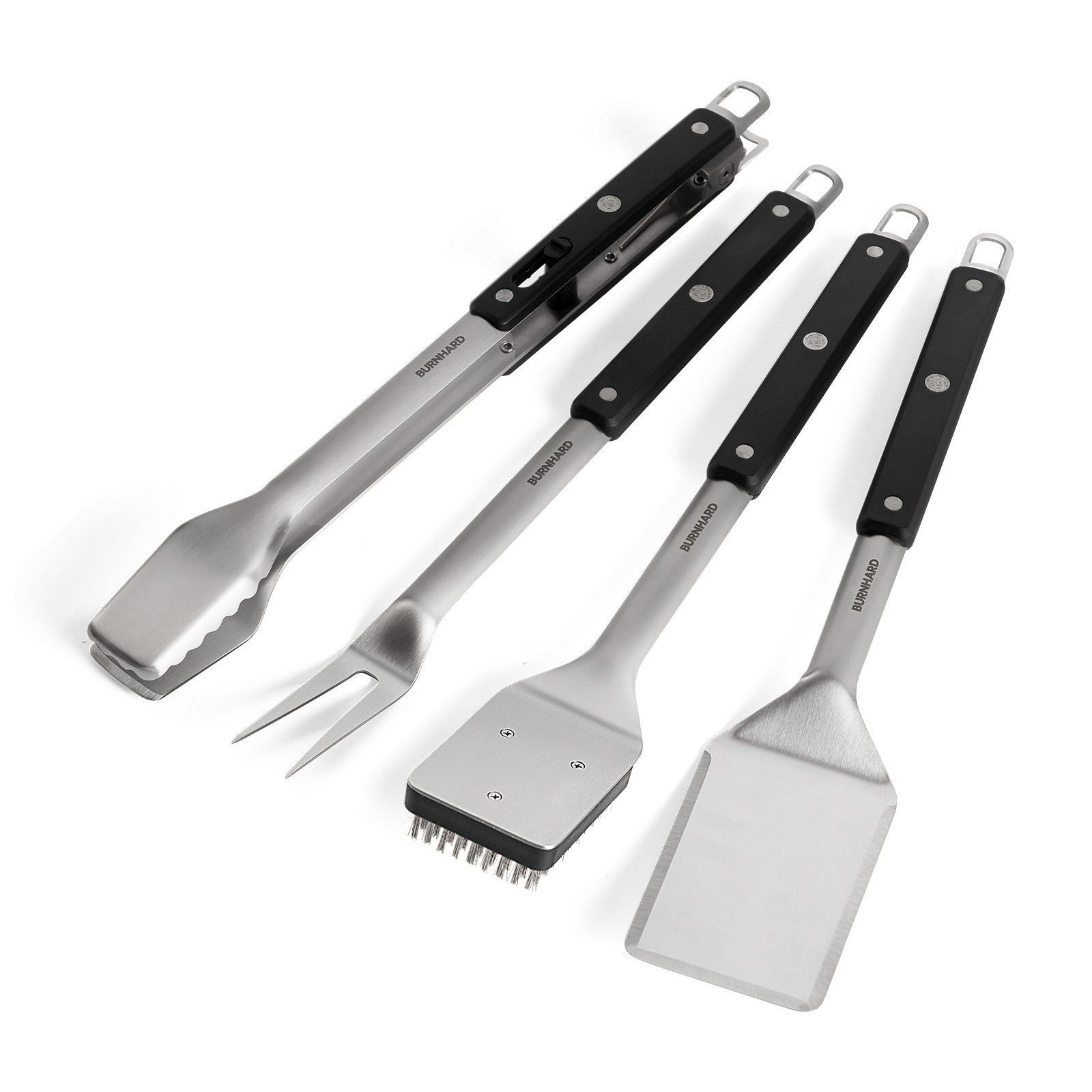 BURNHARD® Grillbesteck-Set Edelstahl Grillbesteck-Set 4-tlg., (4 tlg), Grillzange, Grillwender, Grillgabel, Grillbürste