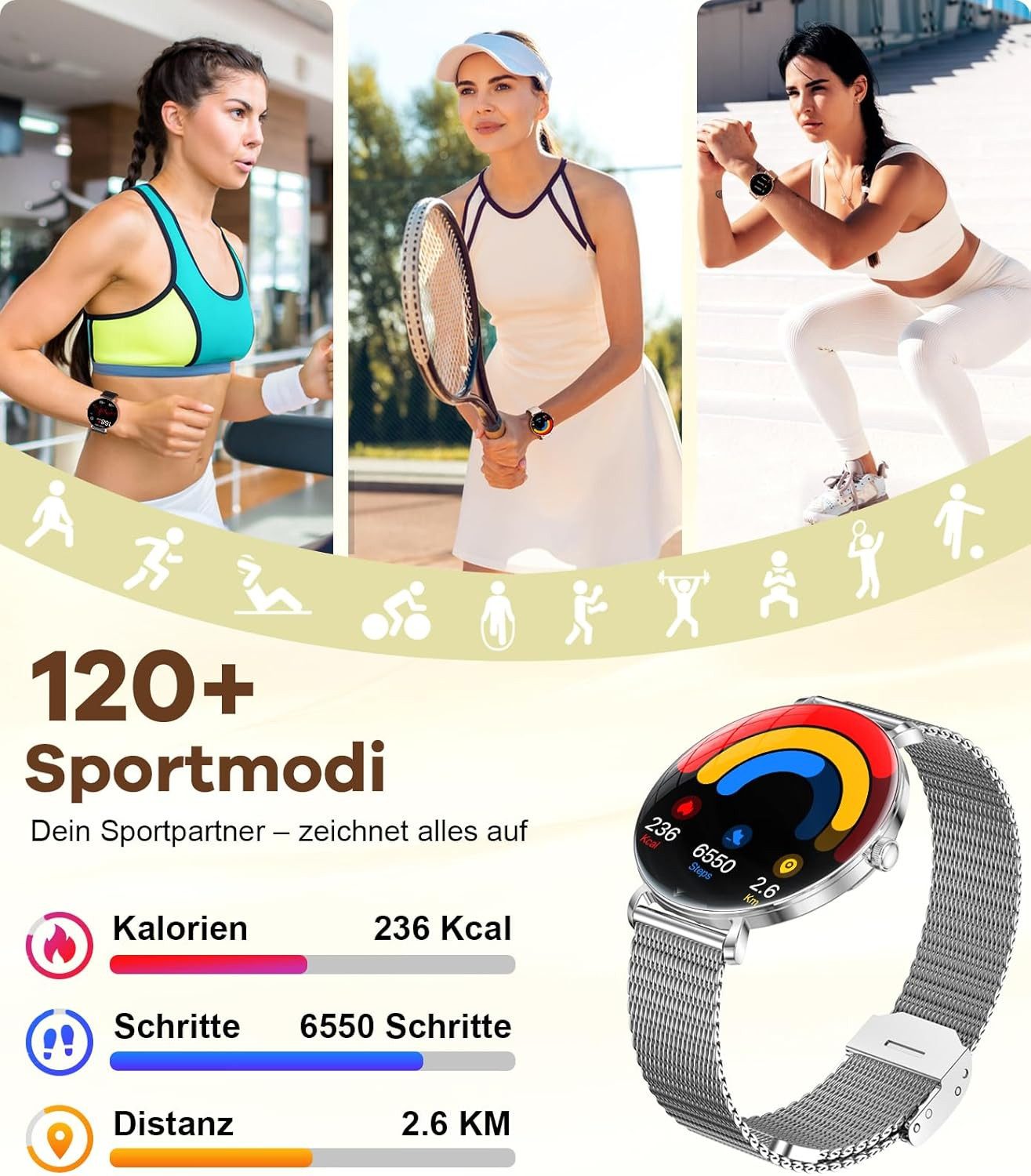 Lige SP-FV17-B Smartwatch (3.6 cm, Android iOS), Smartwatch für Damen mit AMOLED Display und Fitnessfunktionen