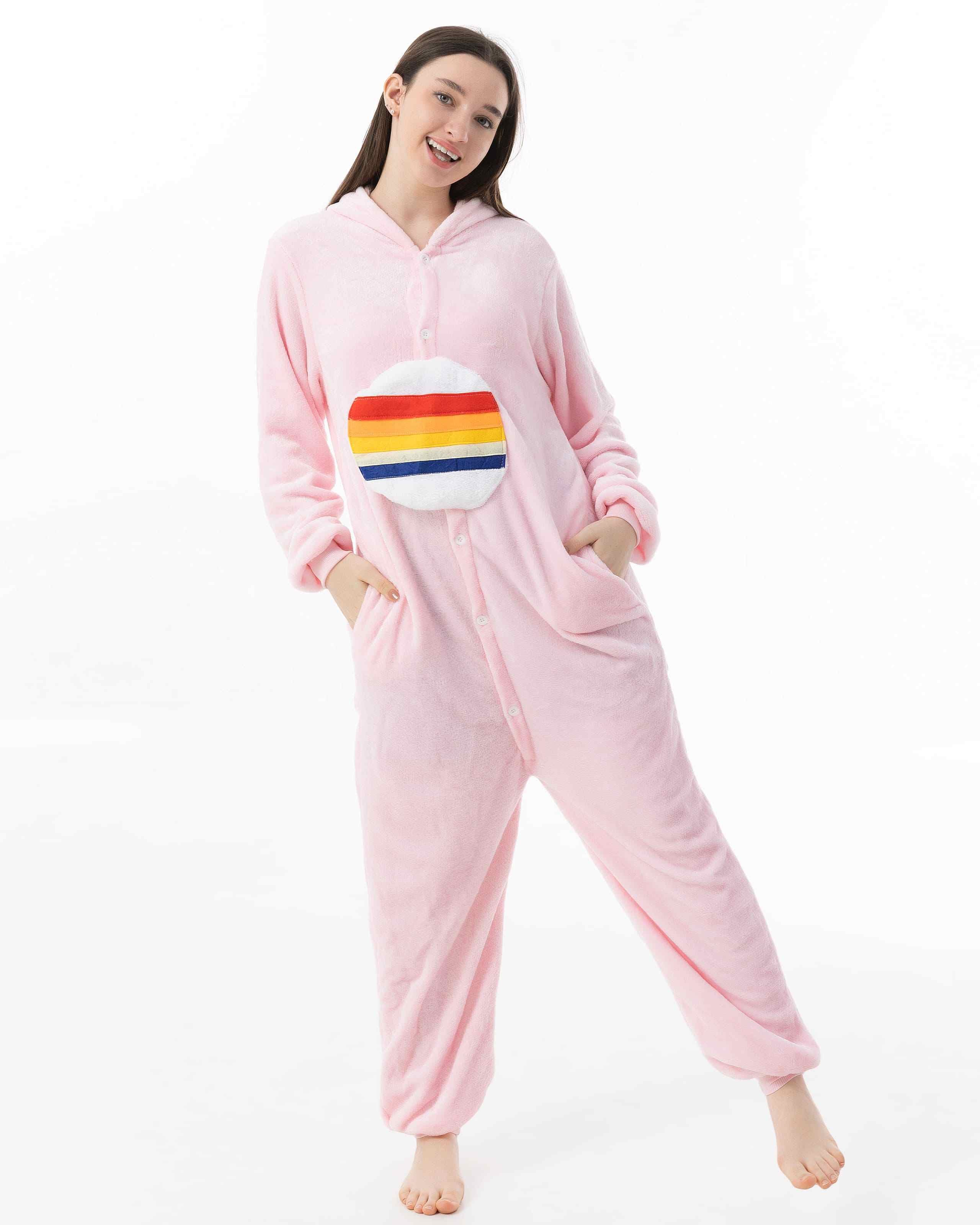 Katara Partyanzug Glücksbärchis Jumpsuit Onesie für Erwachsene S-XL, Karneval, Kigurumi - Glücksbärchi Regenbogen Bärchi rosa XL(175-185cm)