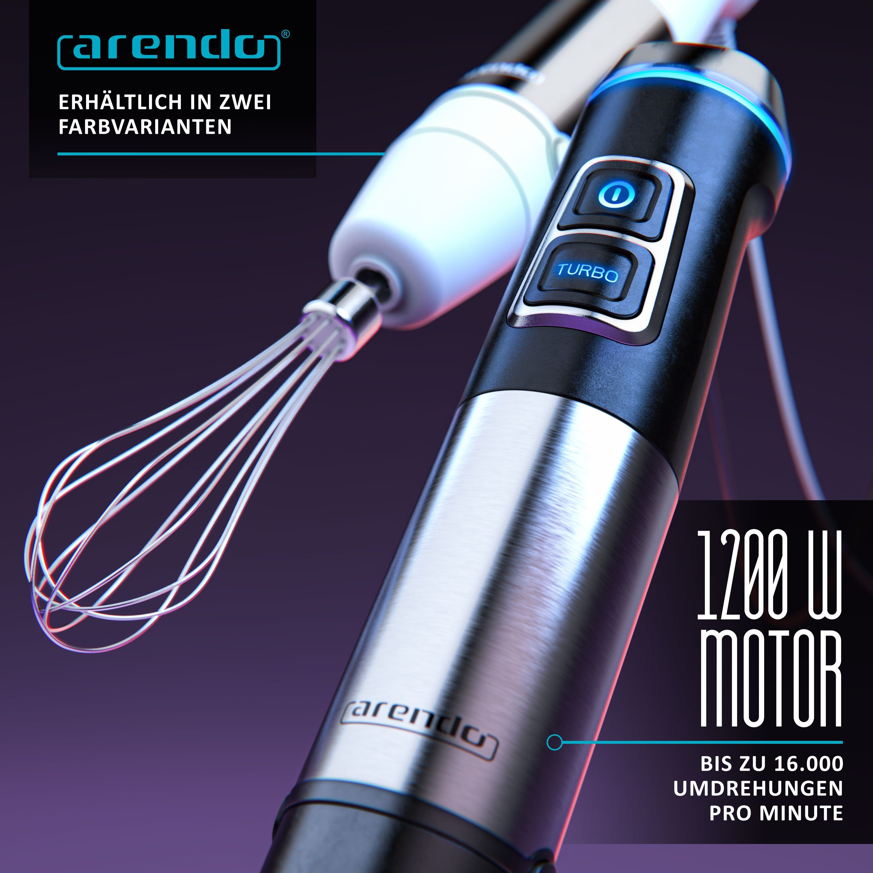 Arendo Stabmixer Edelstahl Pürierstab Set mit Zerkleinerer & Messbecher, Handmixer, 1200 W, mit Schneebesen, 2 Geschwindigkeitsstufen, 4-Klingen, DC Motor – Bild 5 von 5