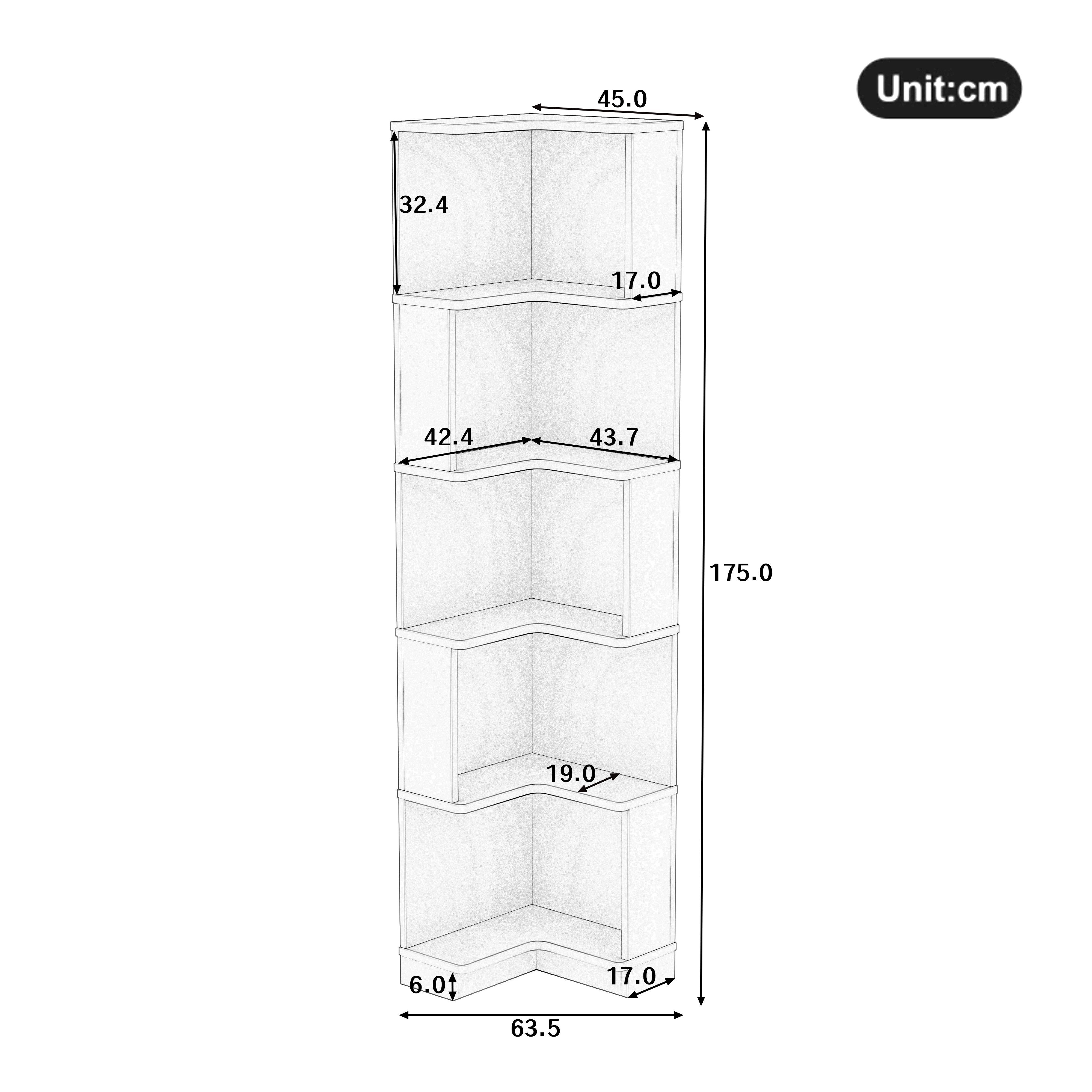 BlingBin Bücherregal Eckregal Standregal Büroregal, mit LED-Farbwechsel-Lichtleiste und 5 Ebenen Stauraum 1-tlg., 63.5L x 45B x 175Hcm, für Wohnzimmer, Badezimmer, Schlafzimmer