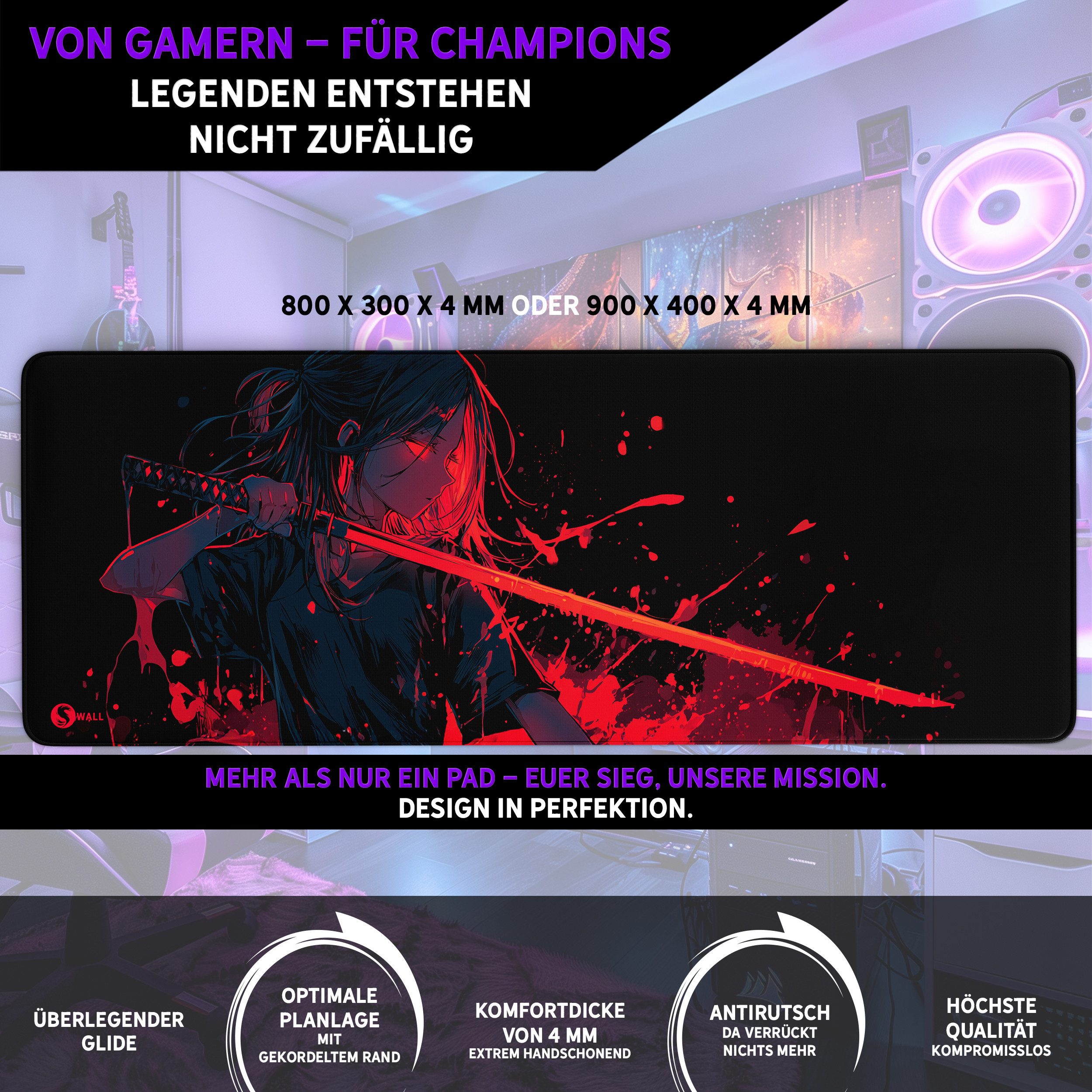 Sunnywall Gaming Mauspad Speed Mousepad XXL Premium 4 mm - Crimson Katana Girl Anime Japan (inkl. Wallpaper, Sunnywall XXL Premium Gaming Mauspads), 45x40, 80x30, 90x40 cm, rutschfest, vernähte Ränder, Tischunterlage