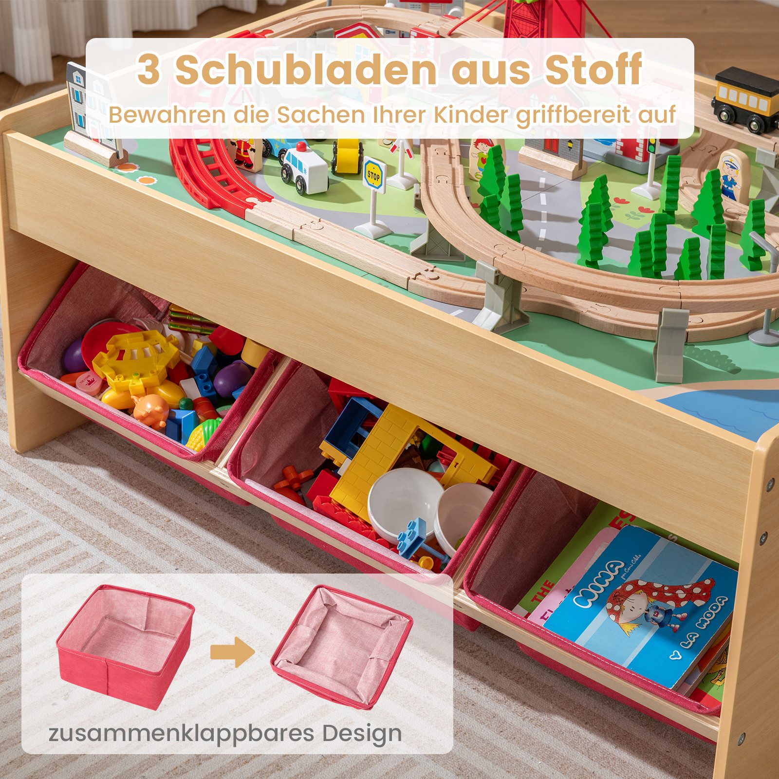 COSTWAY Kindertisch, Mit Stauraum, Holzeisenbahn-Set Tisch ab 3 Jahren