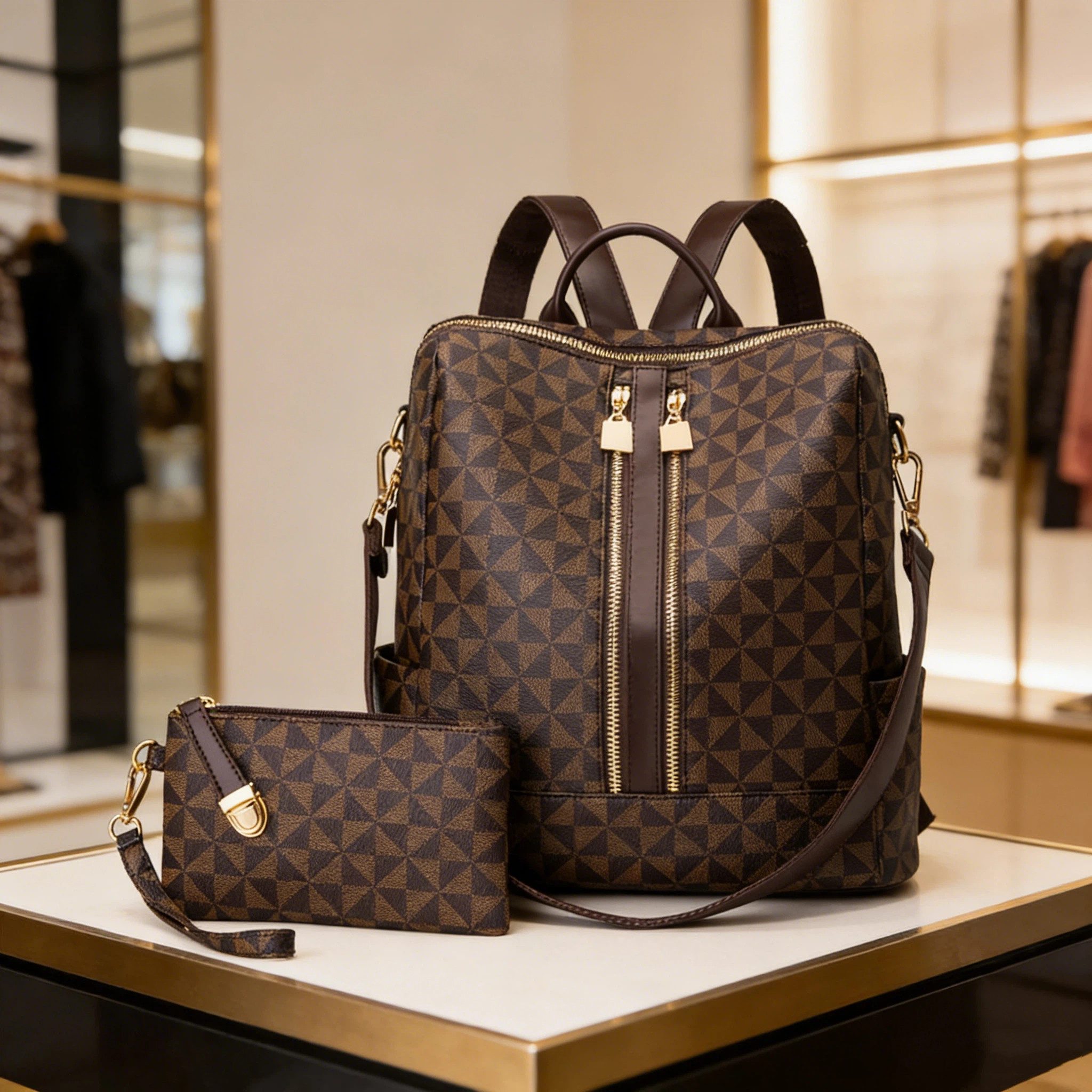 OKWISH Rucksack Laptoprucksack Schulrucksack Lederrucksack Reiserucksack Kunstleder (32x32x14 cm Lederrucksäcke mit 20x11 cm Handtasche Kunstleder, Schultertasche, Vintage, Notebook Laptop Tasche, Schule Rucksack), für Herren Damen Jungen Teenager Freizeit Arbeit Business Reisen