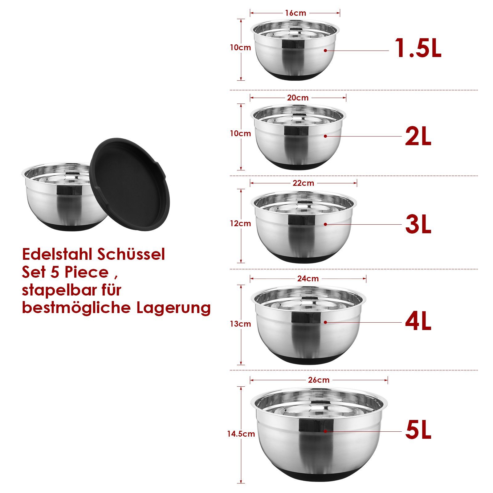 TolleTour 5-tlg)Edelstahl Deckel 16-24cm mit Silikonboden Rührschüssel Skala Rührschüssel Mit