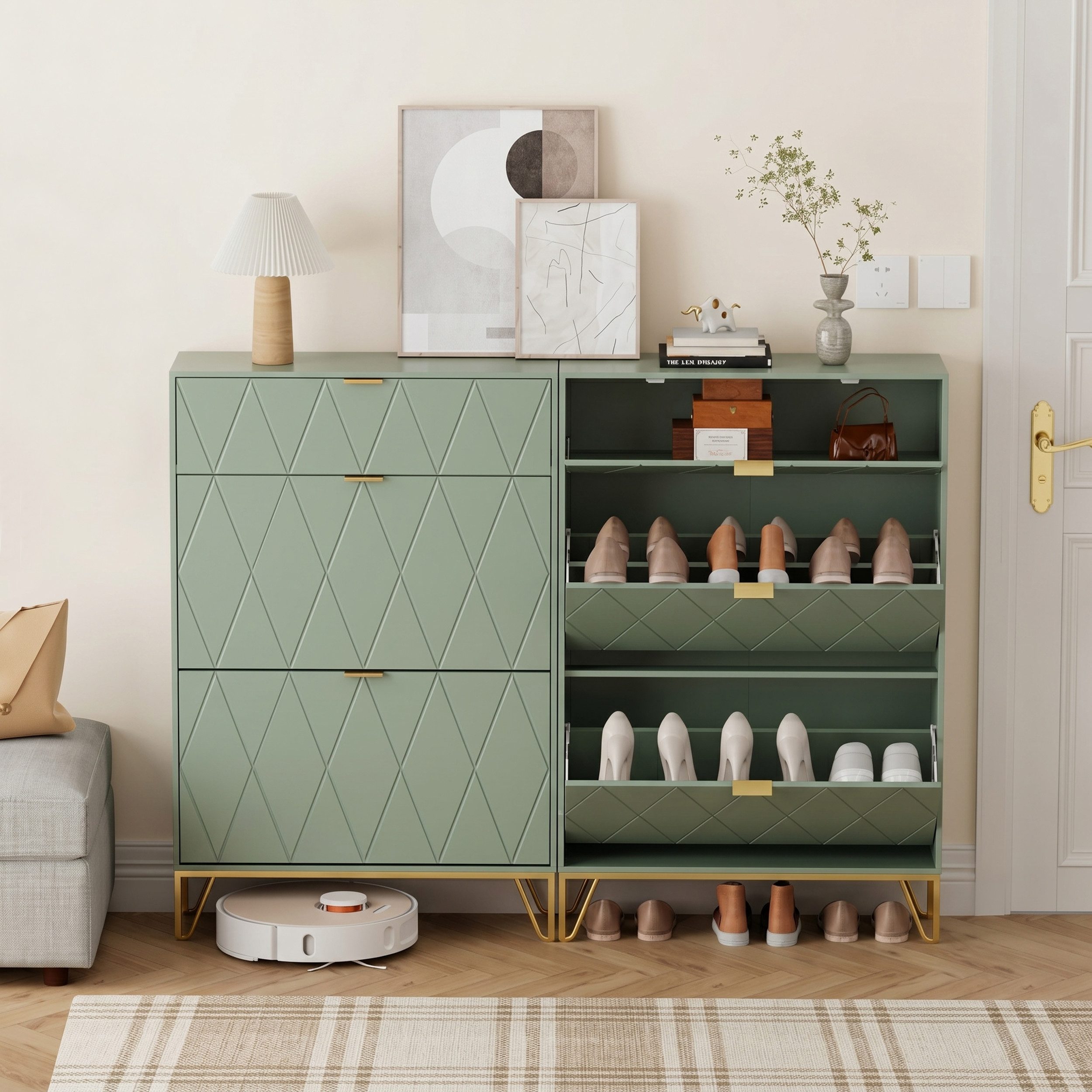 UEV Schuhschrank mit 3 Klappen schmal Schuhablage (Modern Schuhkommode im Flur Diele,80x24x122cm) Platzsparend, mit Kippschutz/Trennwand verstellbar