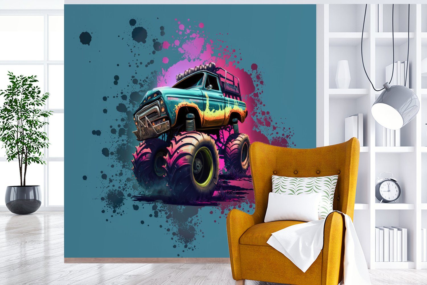 Fototapete Matt, Fototapete Wohnzimmer Farbe - Rosa (4 Vliestapete bedruckt, Neon, für - - Graffiti Monstertruck St), Küche, Schlafzimmer - MuchoWow