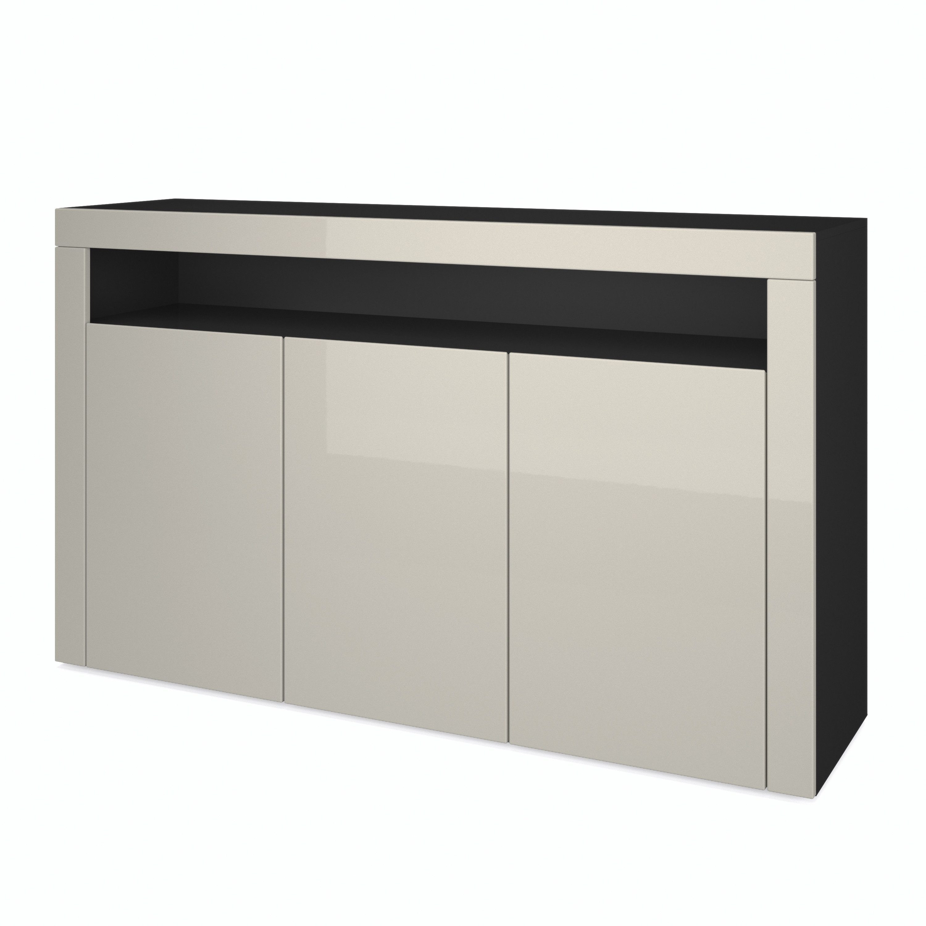 Vladon Sideboard Valencia (Sideboard, mit 3 Türen und 1 offenem Fach), Schwarz matt/Sandgrau Hochglanz/Sandgrau Hochglanz (155 x 92 x 40 cm)