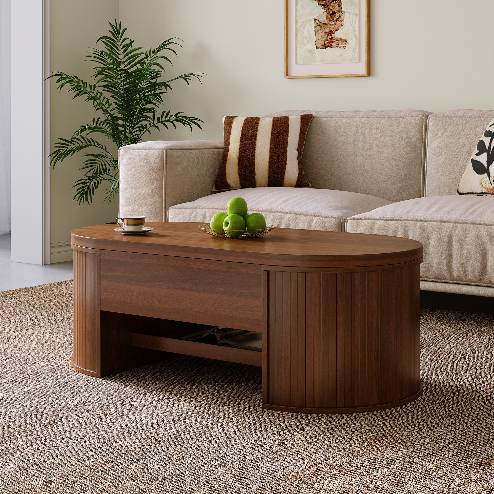 STILVORA Sideboard mit Regal,anhebbarer Sofatisch Kaffeetisch mit verstecktem Stauraum (Beistelltisch, Sofatisch, ausziehbarem Regal), mit gebogenen Holzseiten