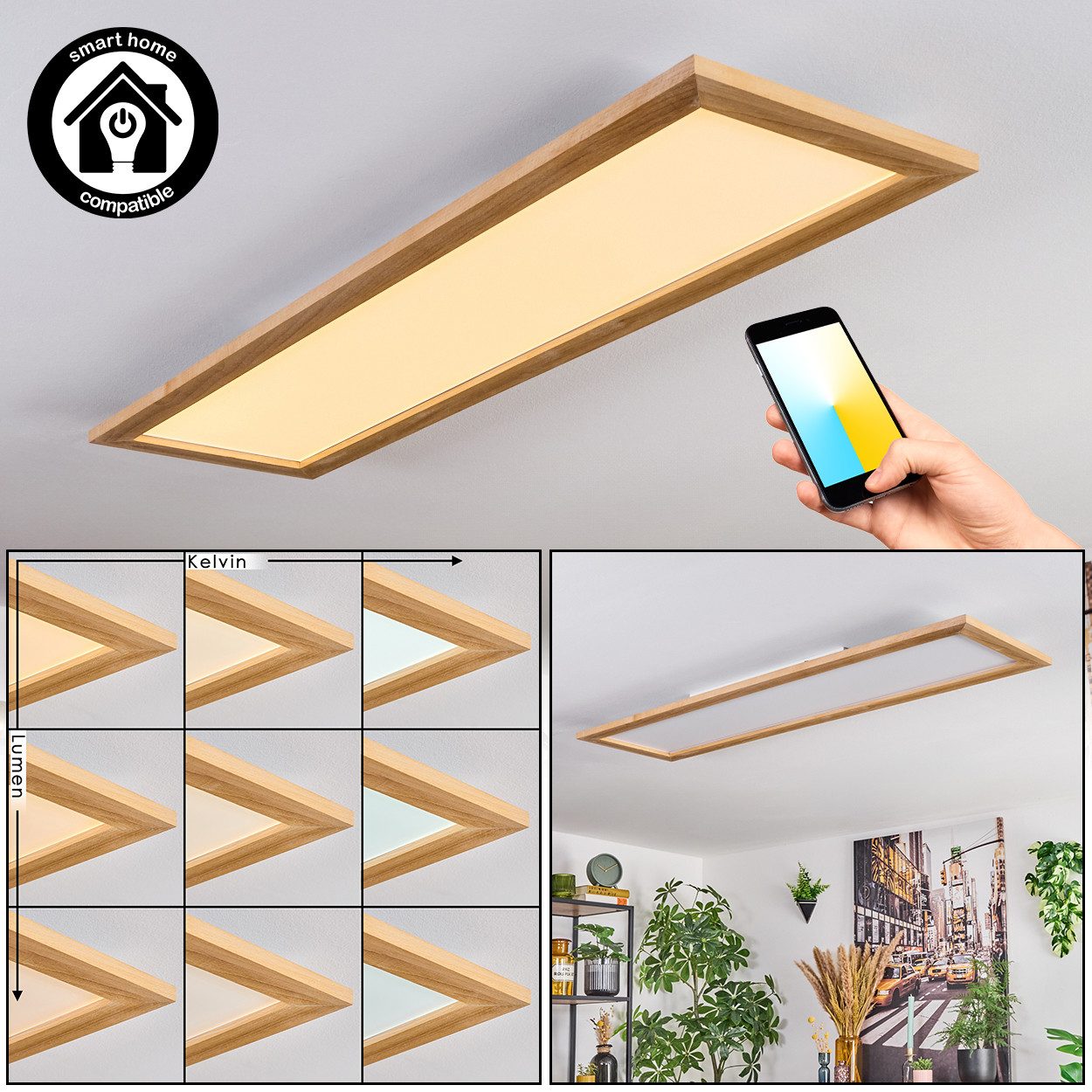 hofstein Panel dimmbare Deckenleuchte aus Metall/Holz/Kunststoff in Weiß/Natur, LED wechselbar, Deckenleuchte Smart Home/App fähig, 2700-6500 Kelvin, CCT einstellbar