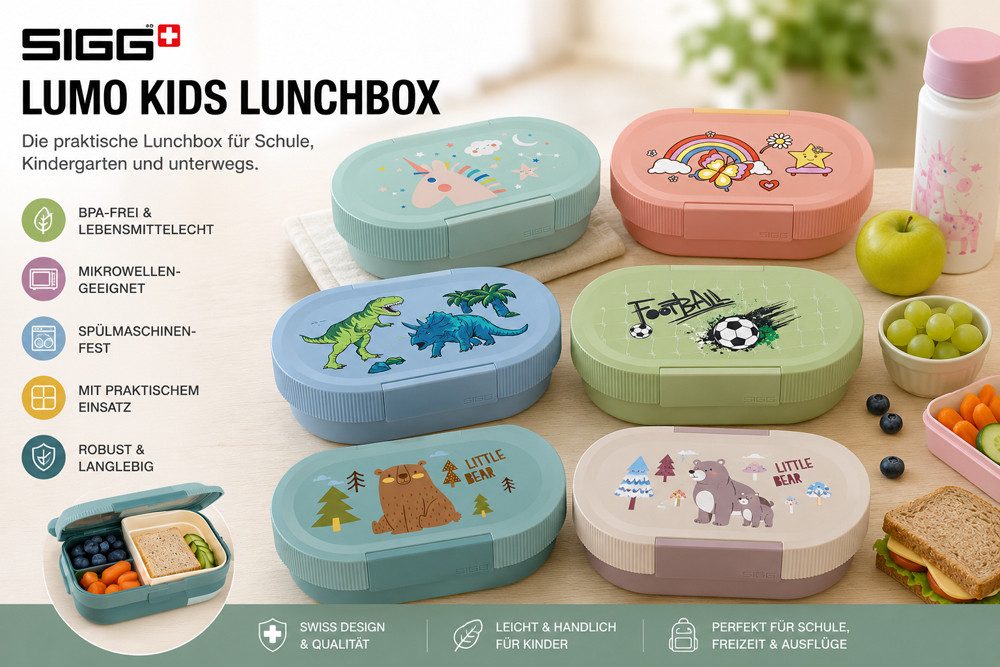 Sigg Lunchbox SIGG LUMO Kids Lunchbox 0.8 Liter, verschiedene Motive, (optimal auf die passenden SIGG VIVA Trinkflaschen abgestimmt), ideal für Pausenbrot, Obst und Snacks in Schule
