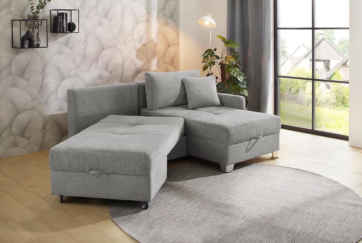 Jockenhöfer Gruppe Ecksofa LEMBERG, Grau, Chenille, mit Kissen, Bettkasten, Dreh-Schwenk-Funktion, B 232 x T 156 cm