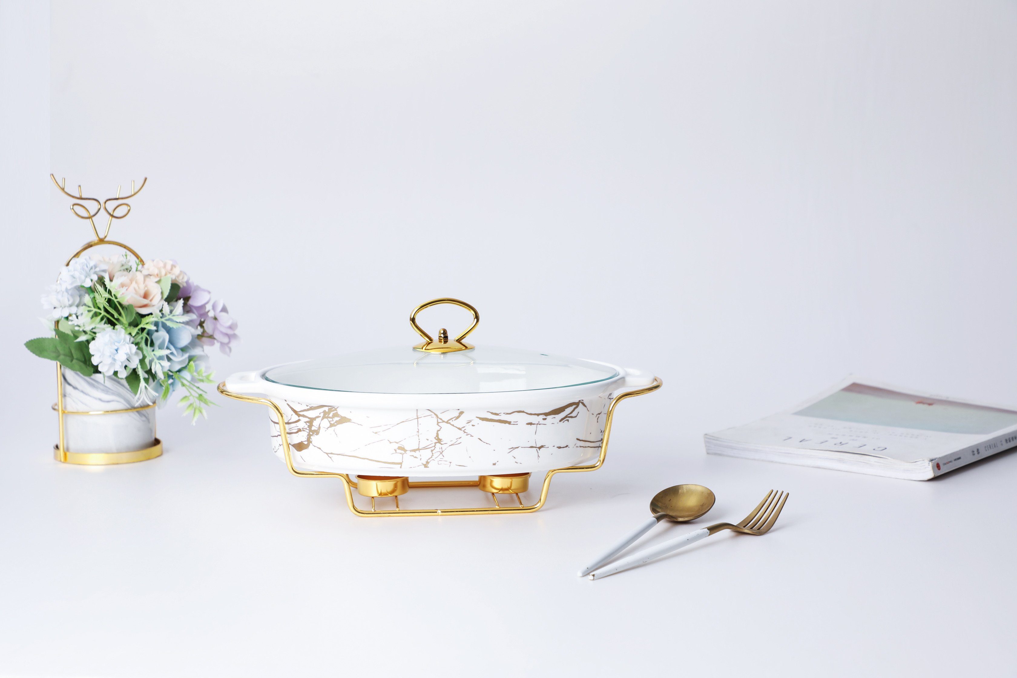 ZELLERFELD Auflaufform Trendmax Auflaufform mit Teelichtwärmer Speisenwärmer Marmor Design