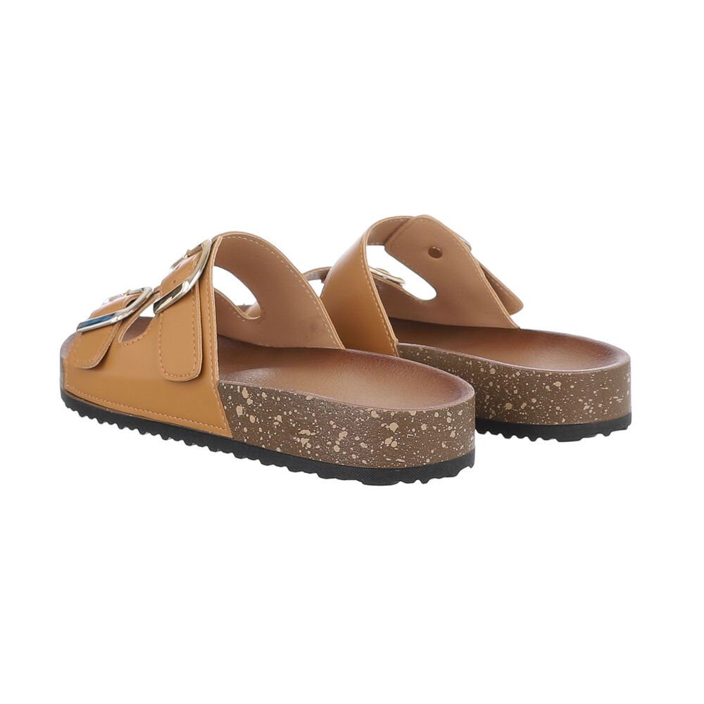 Ital-Design Damen Mules Freizeit Pantolette Flach Pantoletten in Camel