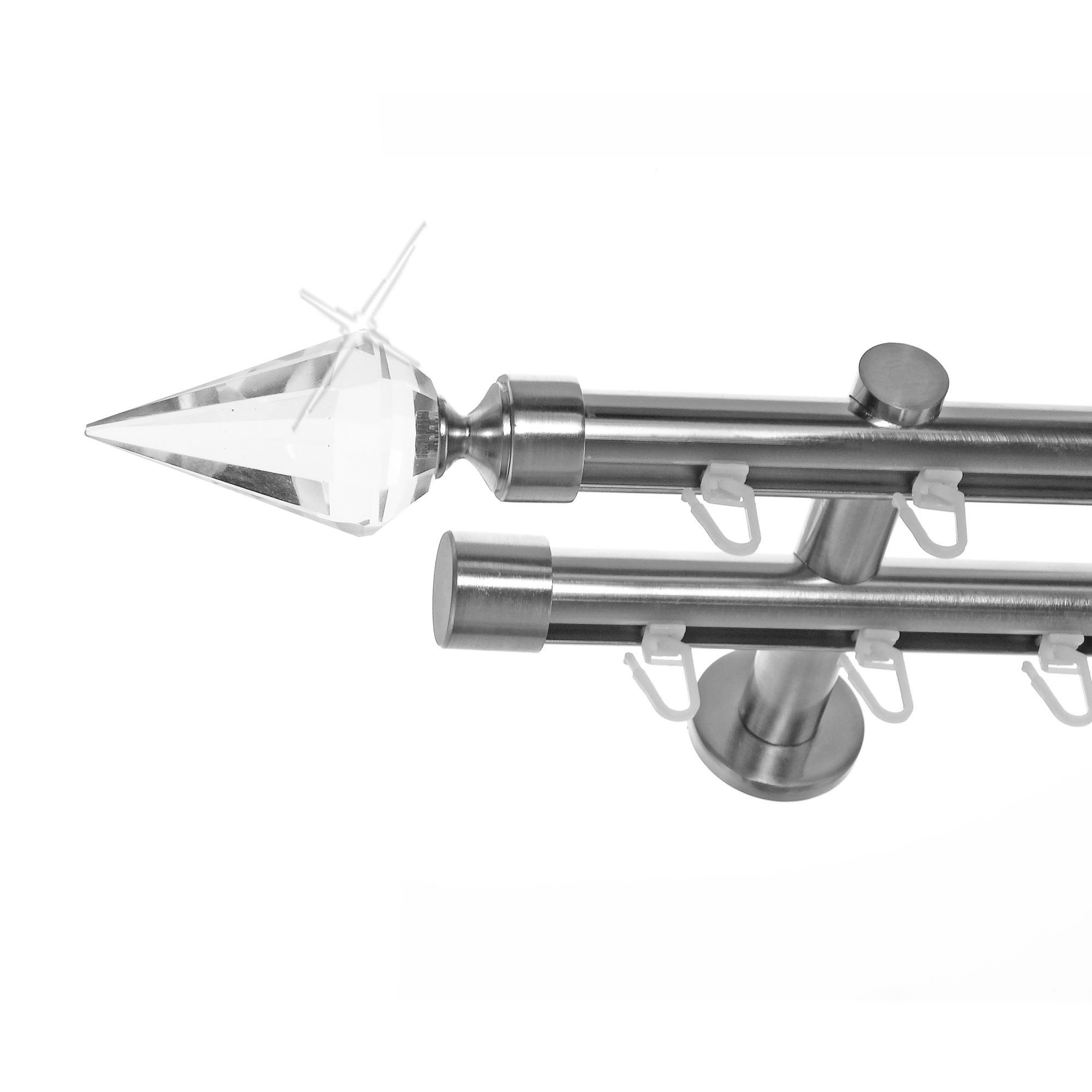 BASIT Gardinenstange Innenlauf Edelstahloptik 20mm mit Wandträgern 200 cm E37, Ø 20 mm, 2-läufig, verschraubt, Aluminium, H40 200 cm E37 Spitze Kristall