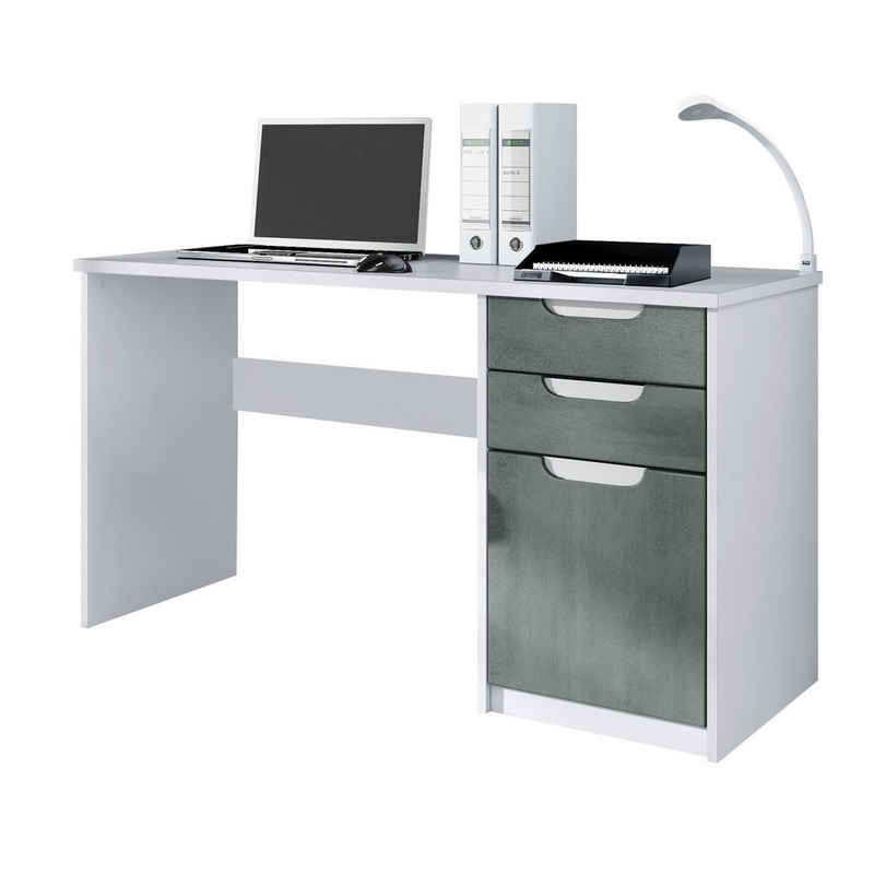 Vladon Schreibtisch Logan (Bürotisch, mit 2 Schubladen und 1 Tür), Weiß matt/Beton Dunkel Optik (129 x 76 x 60 cm)