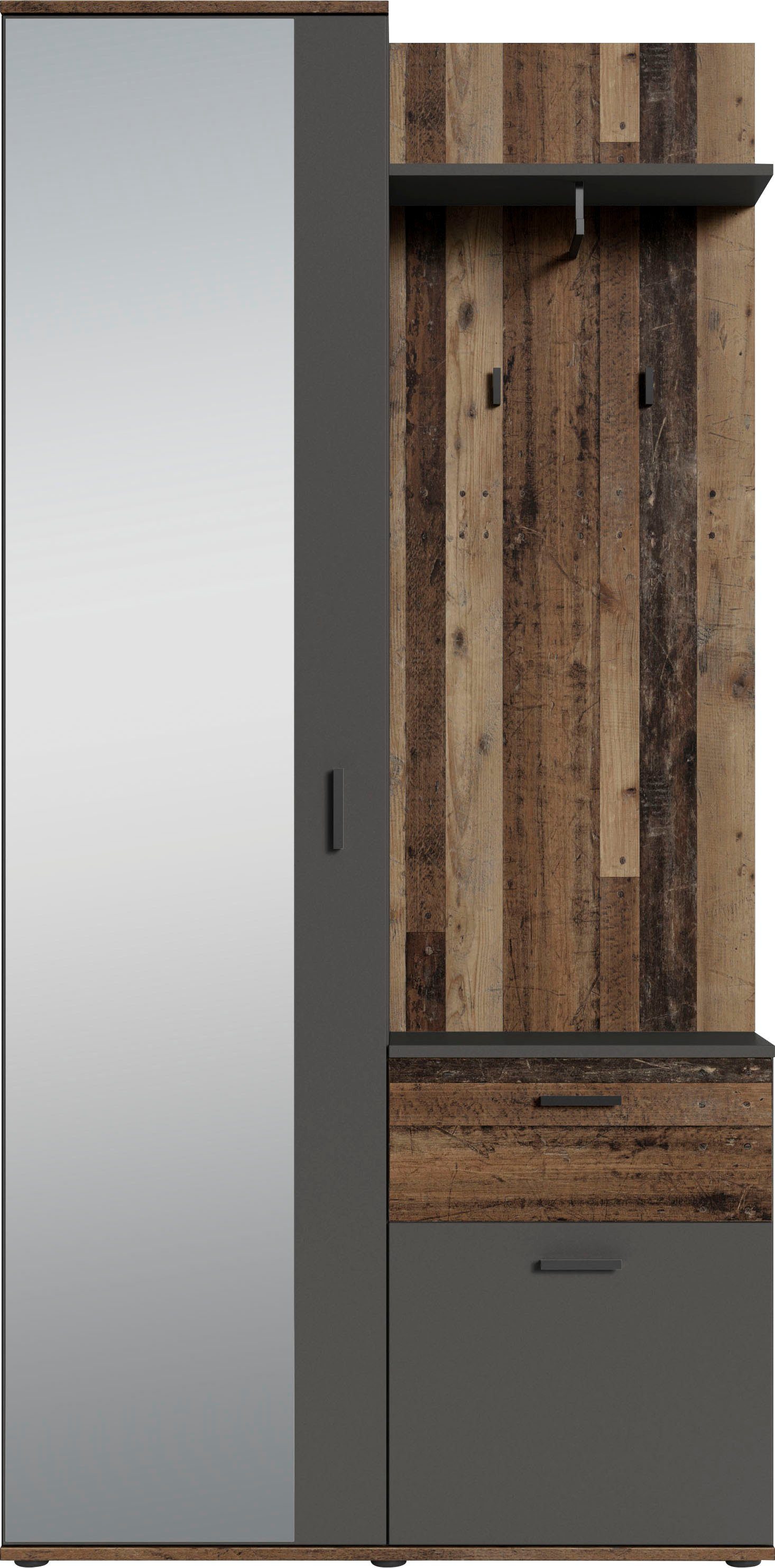 Spiegel Breite 97 cm mit Old Jakob Wood/Anthrazit Kompaktgarderobe byLIVING und Ablage, großem