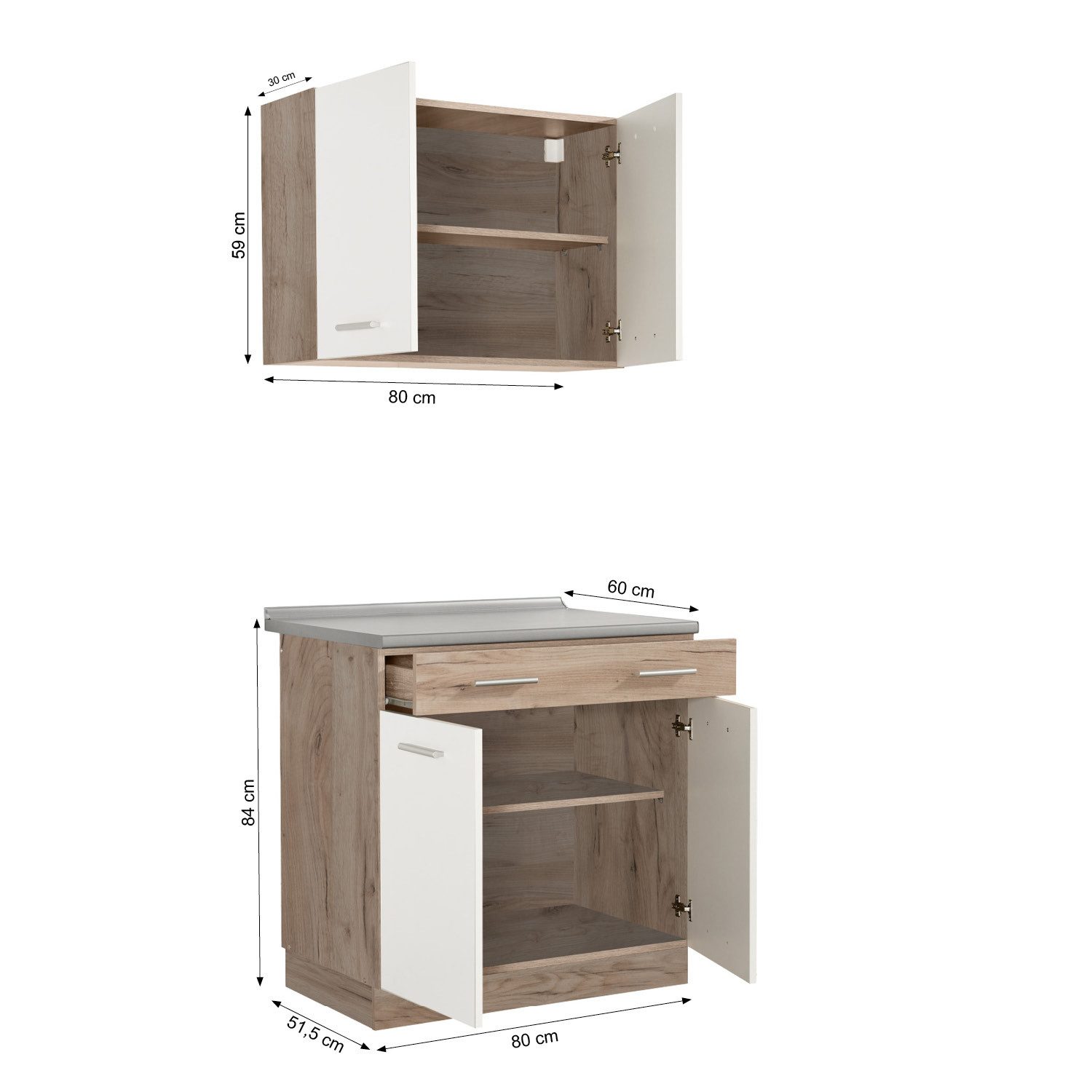 Homestyle4u Küchenzeile ohne Geräte 80 cm klein Singleküche Küchenschränke matt Weiß Eiche, (Oberschränke, Unterschränke, 2 Arbeitsplatten, Einbauküche), Küchenblock, Weiß/Creme und Braun, Einbauküche