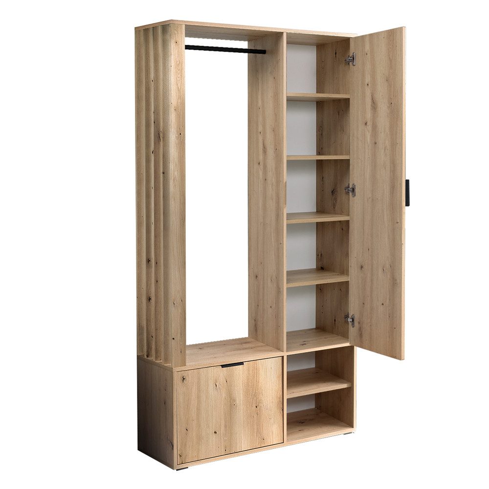 Lomadox Garderobe MINSTER-161, 100 cm breit in Eiche mit Spiegel, Schuhschrank, Kleiderstange, Klappe