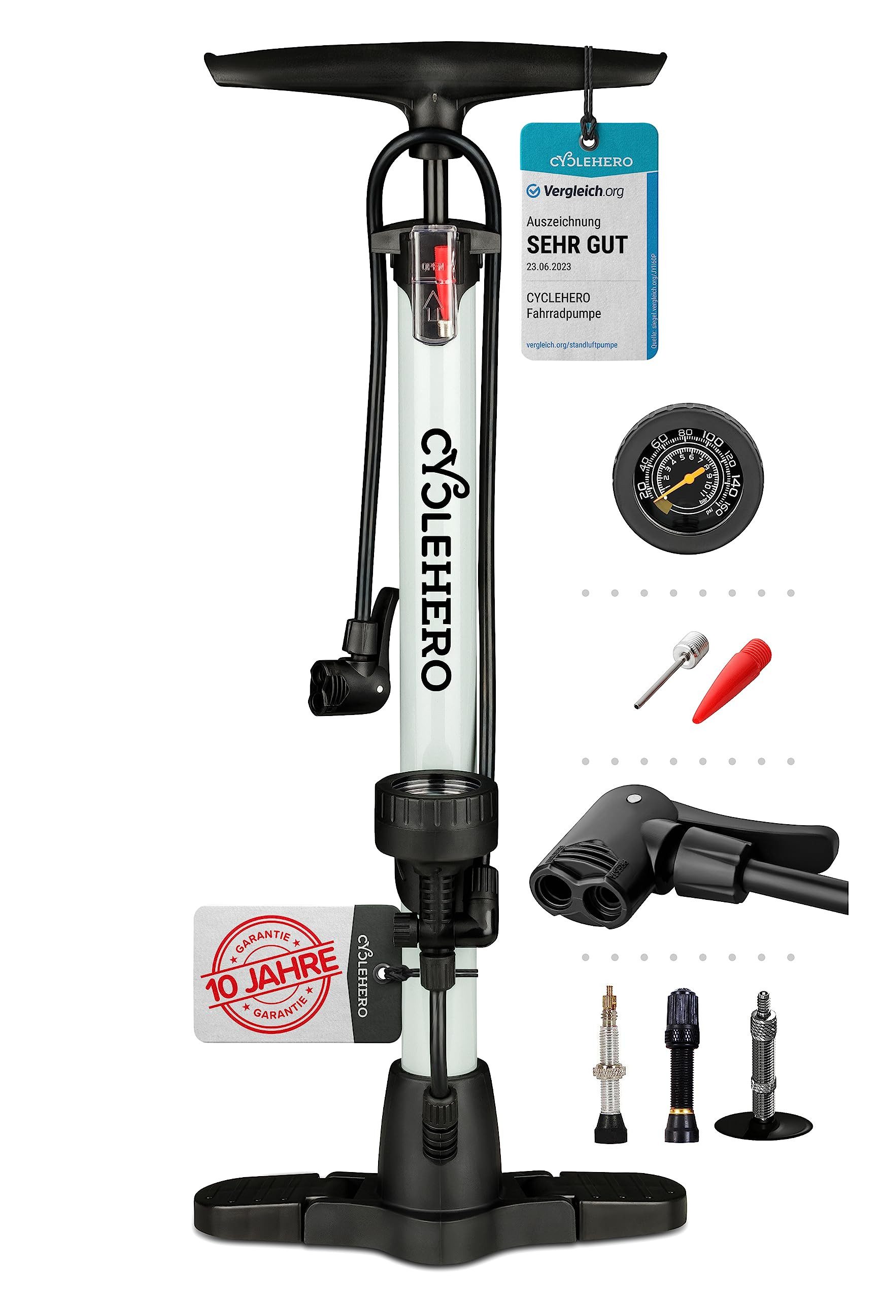 CYCLEHERO Fahrradpumpe alle Ventile - Leistungsstarke Fahrrad Pumpe Luft (Fahrrad Luftpumpe Französisches Ventil, Luftpumpe Fahrrad Standpumpe mit Manometer Standluftpumpe)