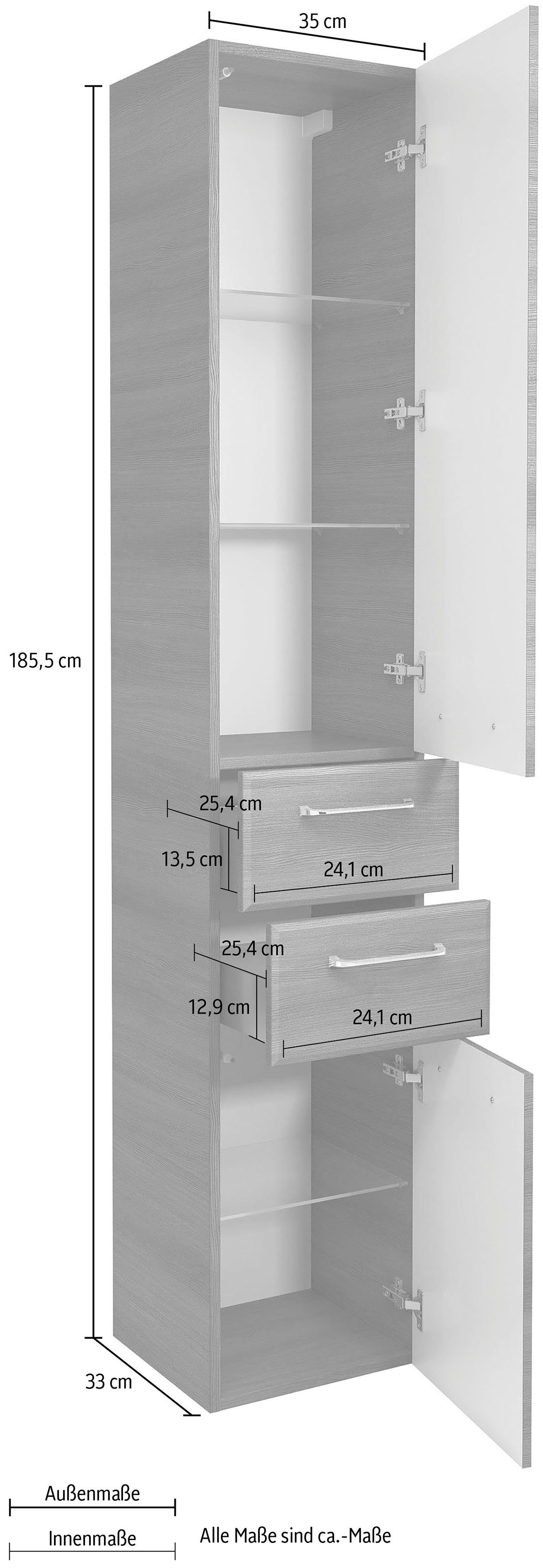 PELIPAL Hochschrank Quickset Breite 35 cm, | Höhe Türdämpfer Struktur Graphit Graphit/Graphit 185,5 Glaseinlegeböden, cm, quer