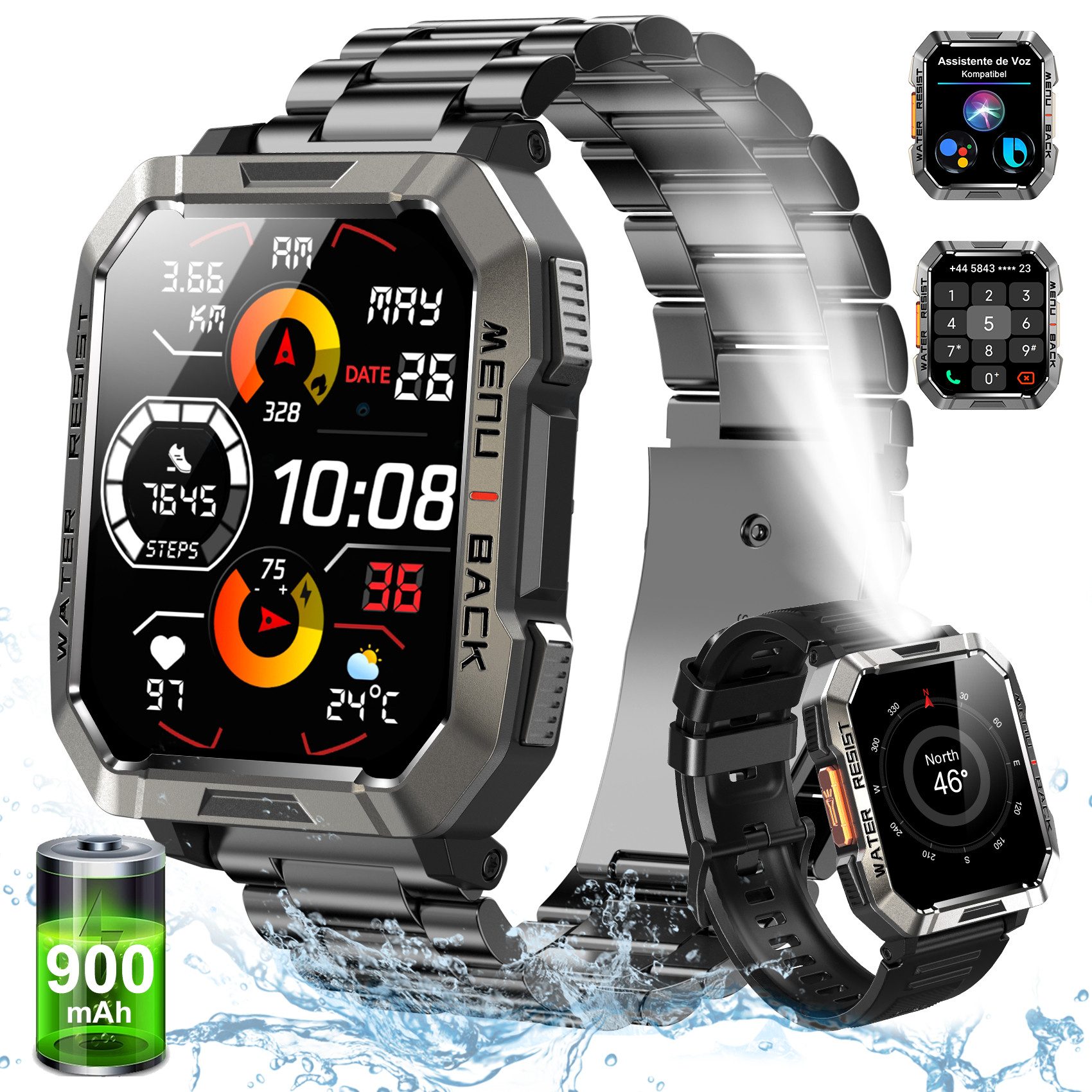 blackview 2026 900-mAh-Akku,Smartwatch Herren Militärqualität,100 Tage Standby Smartwatch (2.01 Zoll, iOS&Android) Packung, 3-tlg., 2 Armbänder / 3 Armbänder und Ladekabel, 2,01", LED Taschenlampe/Kompass/SOS,Schrittzähler, für Android und iOS