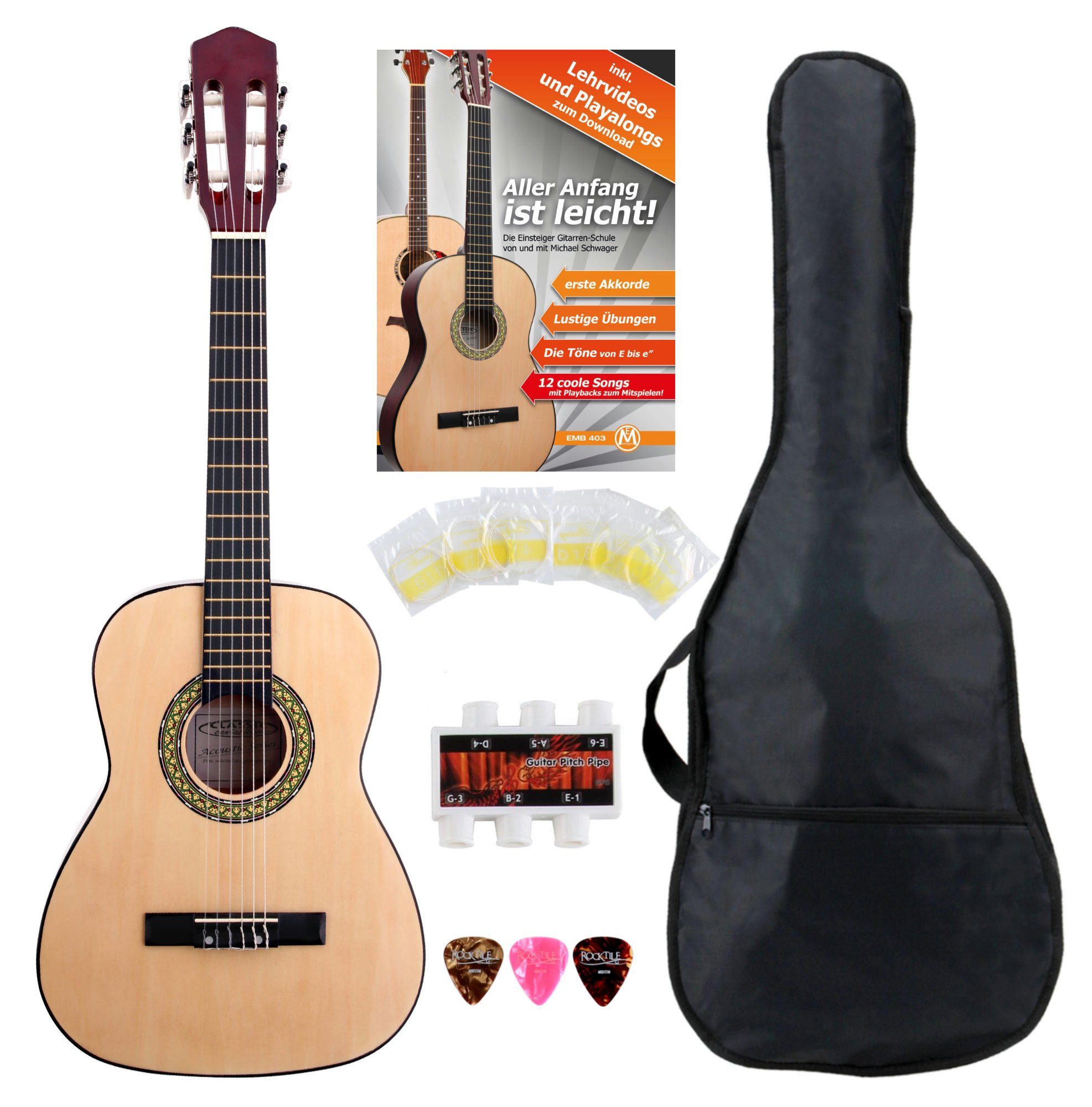 Gitarrenset Acoustic Series AS-851-L Klassikgitarre für Linkshänder Starter-SET (Konzertgitarre, Bag/Tasche, Schule, Plektren, Saiten, Stimmpfeife) natur 1/2