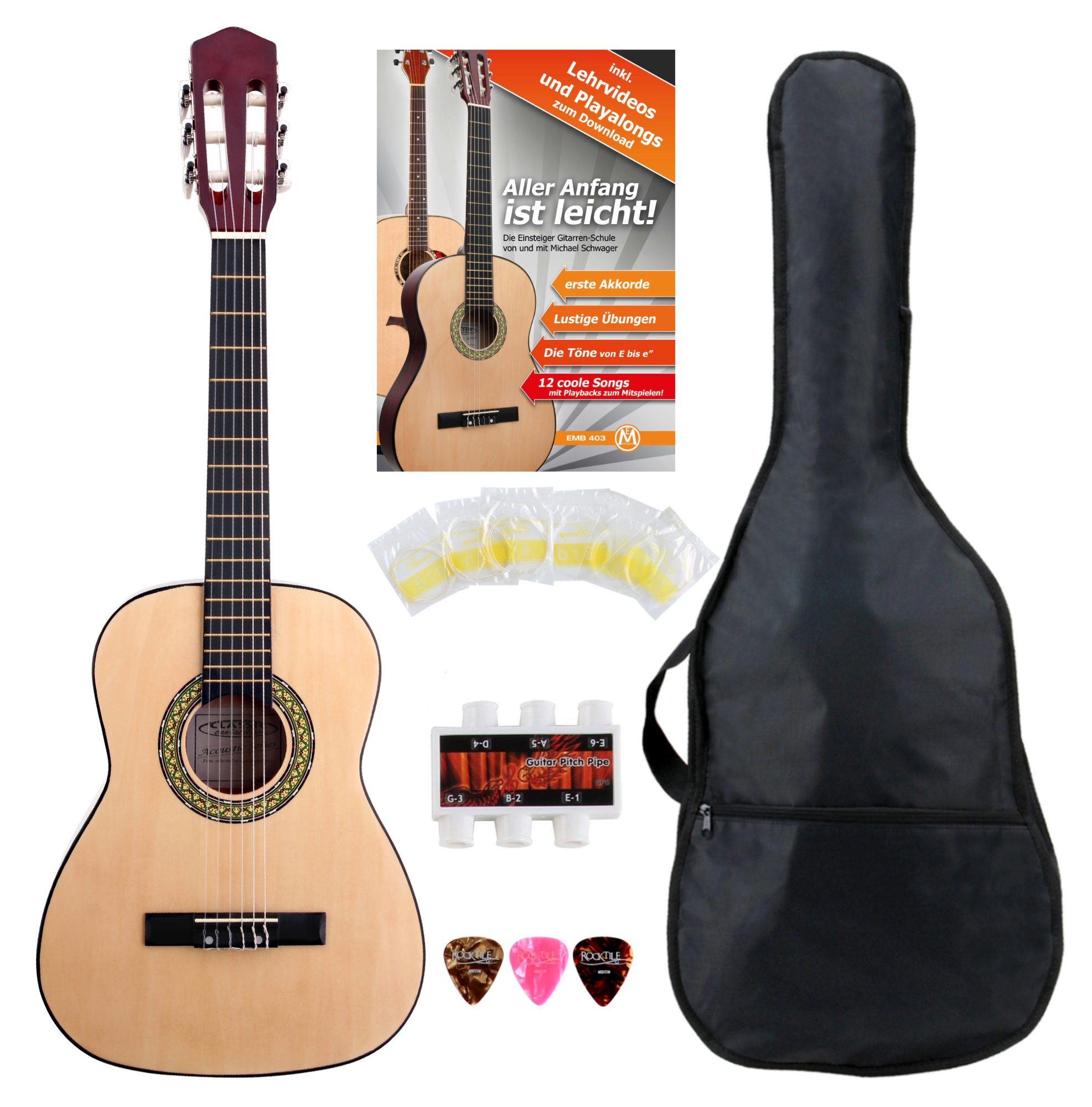 Classic Cantabile Konzertgitarre AS-851-L Klassikgitarre für Linkshänder Starter Set, 1/2
