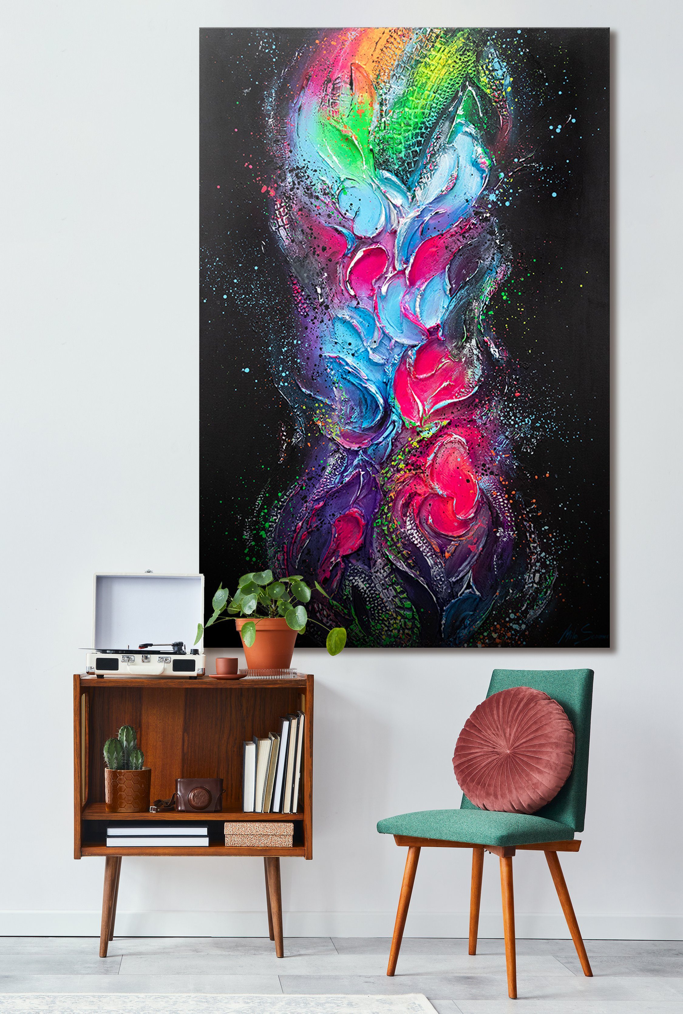 YS-Art Gemälde Bunt Vertikales Abstraktion, Fokus, Regenbogen Bild Schwarz Handgemalt Leinwand