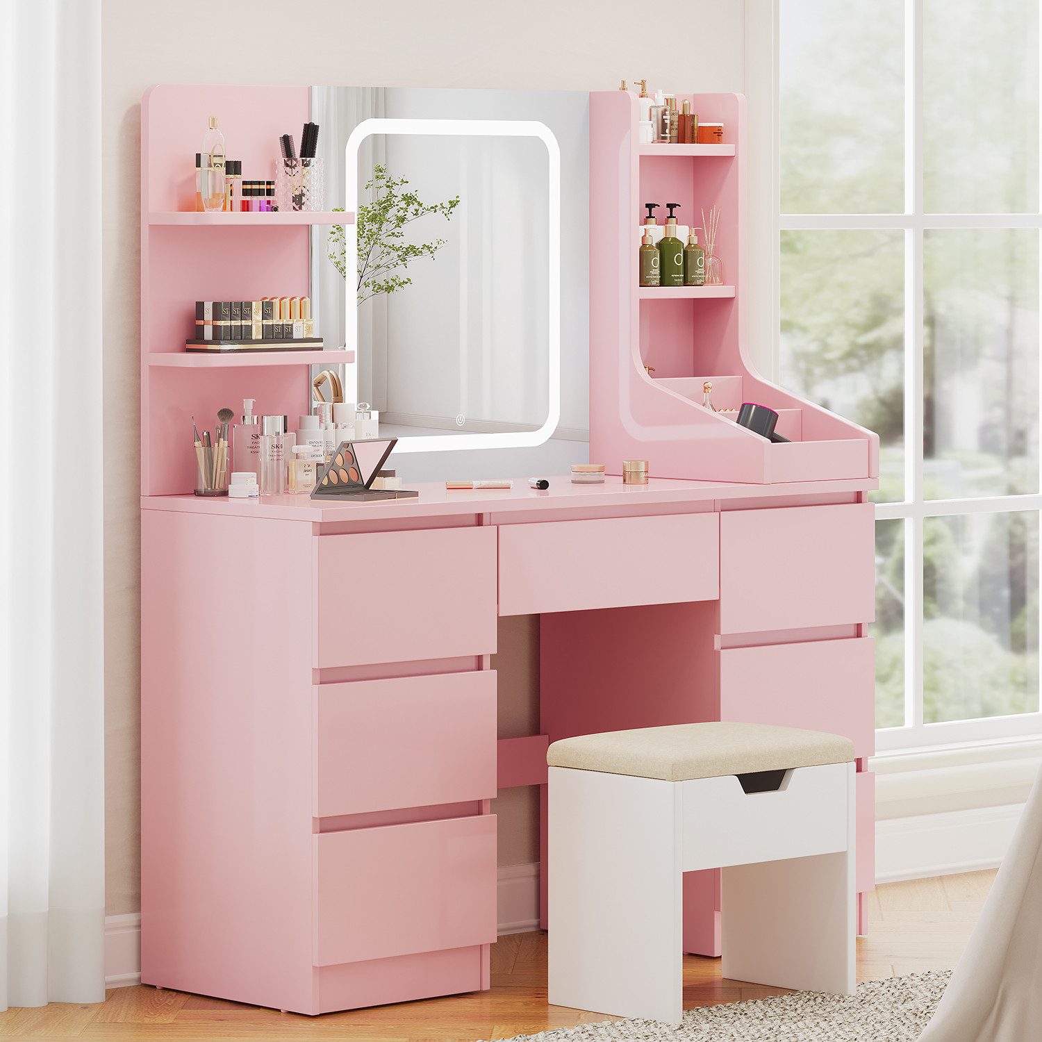 Furnicopia Schminktisch Einstellbare Helligkeit mit 7 Schubladen und 8 offe günstig online kaufen