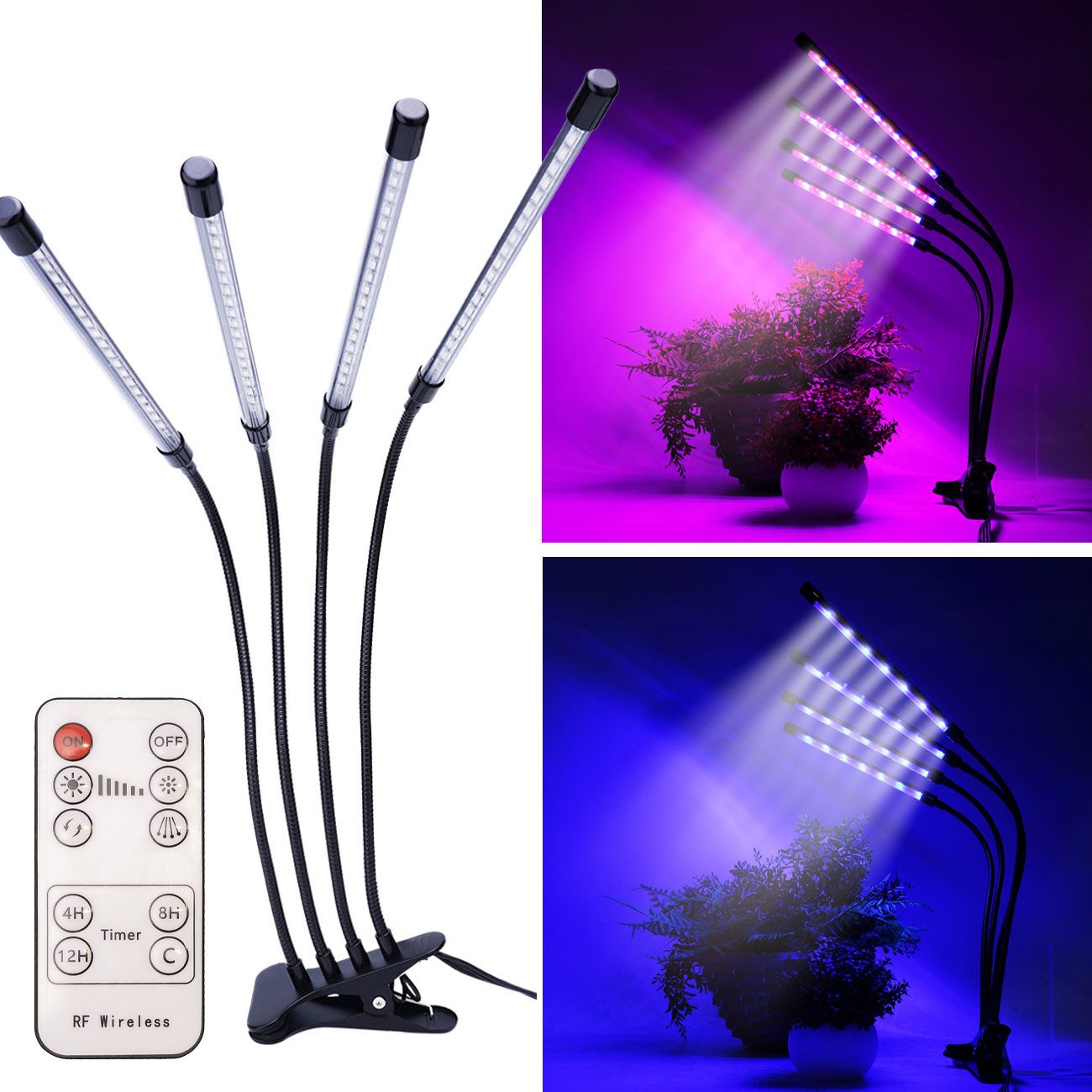 Casativo Pflanzenlampe 4-Armig LED Pflanzenlampe 14W Vollspektrum Wachstumslampe Growlight, LED fest integriert (Vollspektrum-LEDs), Timer & Dimmer/3 Leuchtmodi/360° Schwanenhals/IP44