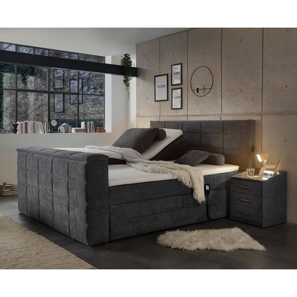 Lomadox Boxspringbett DURAZNO-09, 180x200cm, in anthrazit, elektrisch verstellbar, mit TV-Halterung