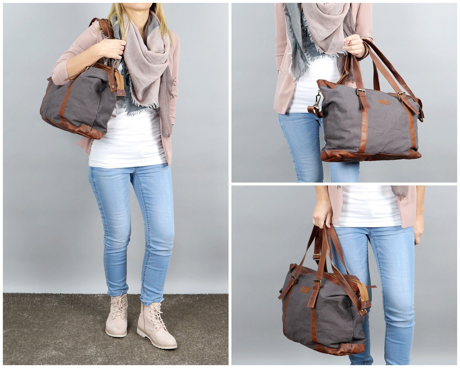 LECONI Weekender Reisetasche Shopper Sporttasche Damen Herren Leder Canvas LE2013, Imprägnierter Canvas – Lederdetails – Größe 55×36×15 cm