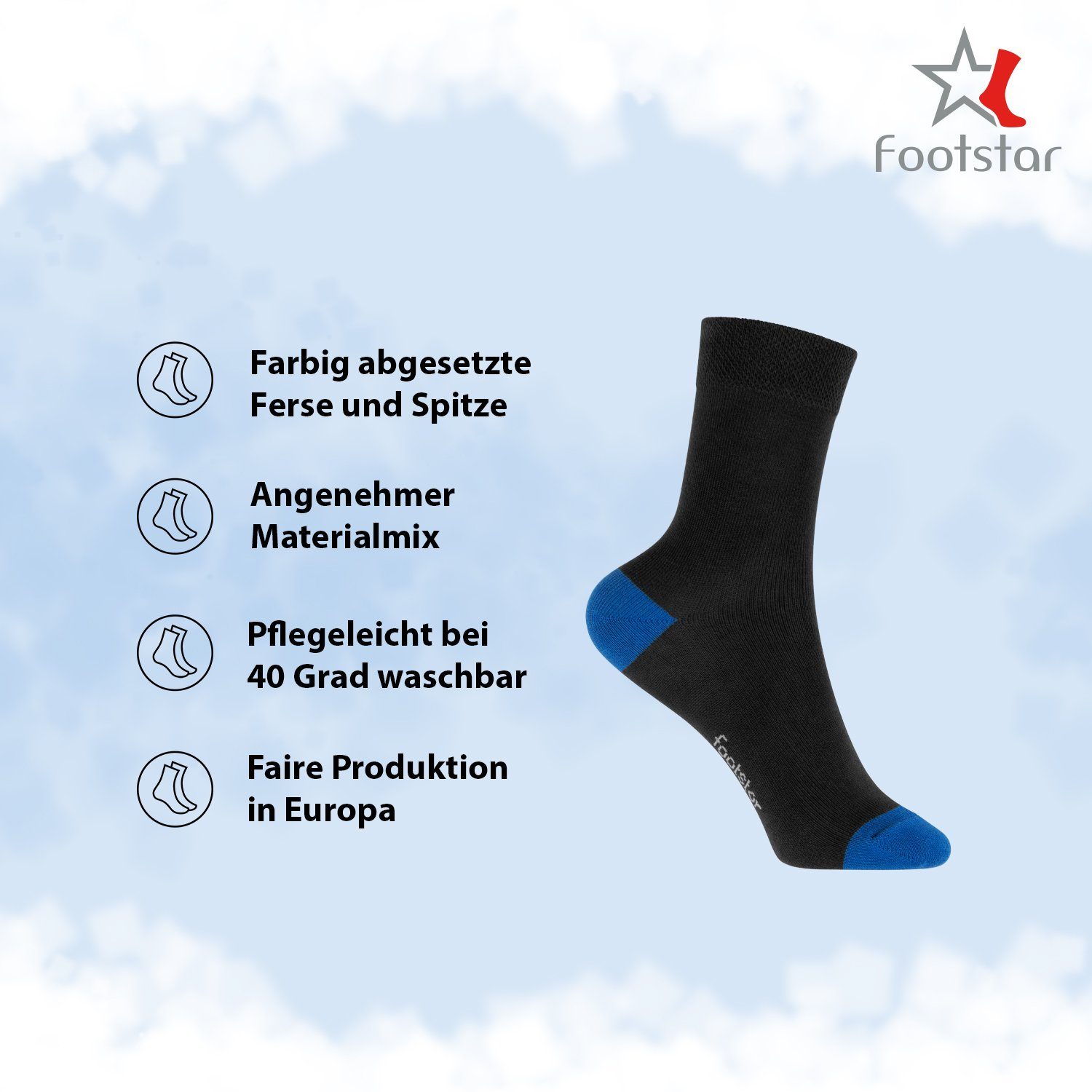 Footstar Basicsocken Kinder Baumwollsocken (10 Paar) Ferse & Spitze abgesetzt