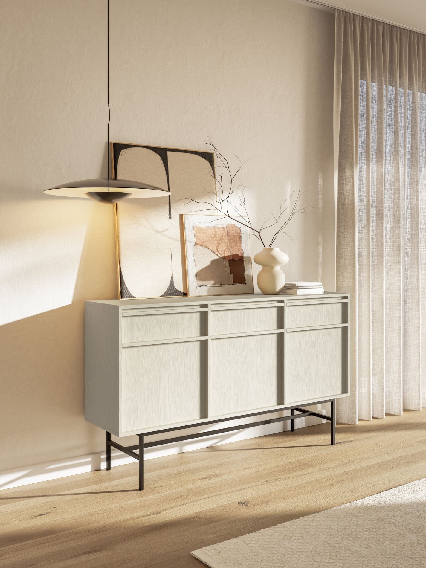 Selsey Sideboard EVO, 154 cm breit, mit 3 Schubladen und Türen, Stahlgestell, Push-to-open