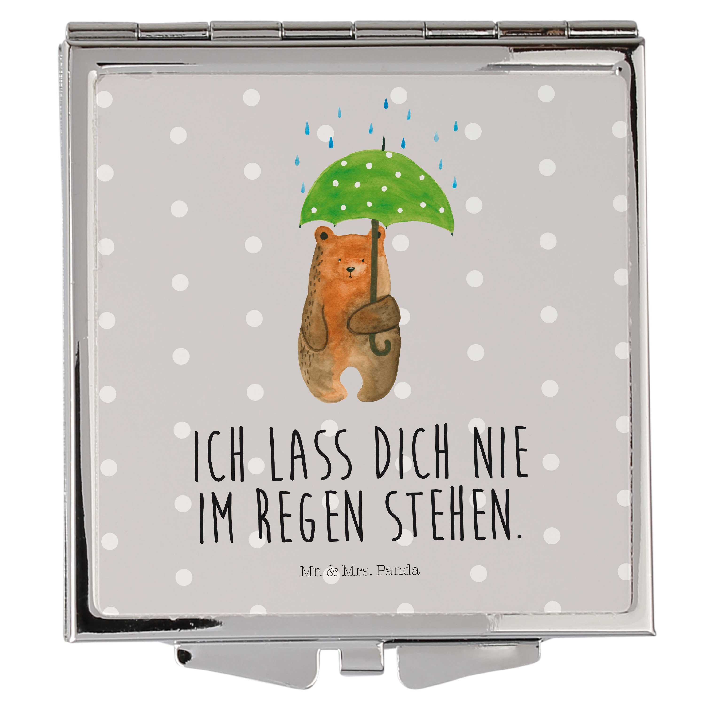 Mr. & Mrs. Panda Kosmetikspiegel Bär mit Regenschirm - Grau Pastell - Geschenk, Liebeskummer, Teddy, S (1-St)