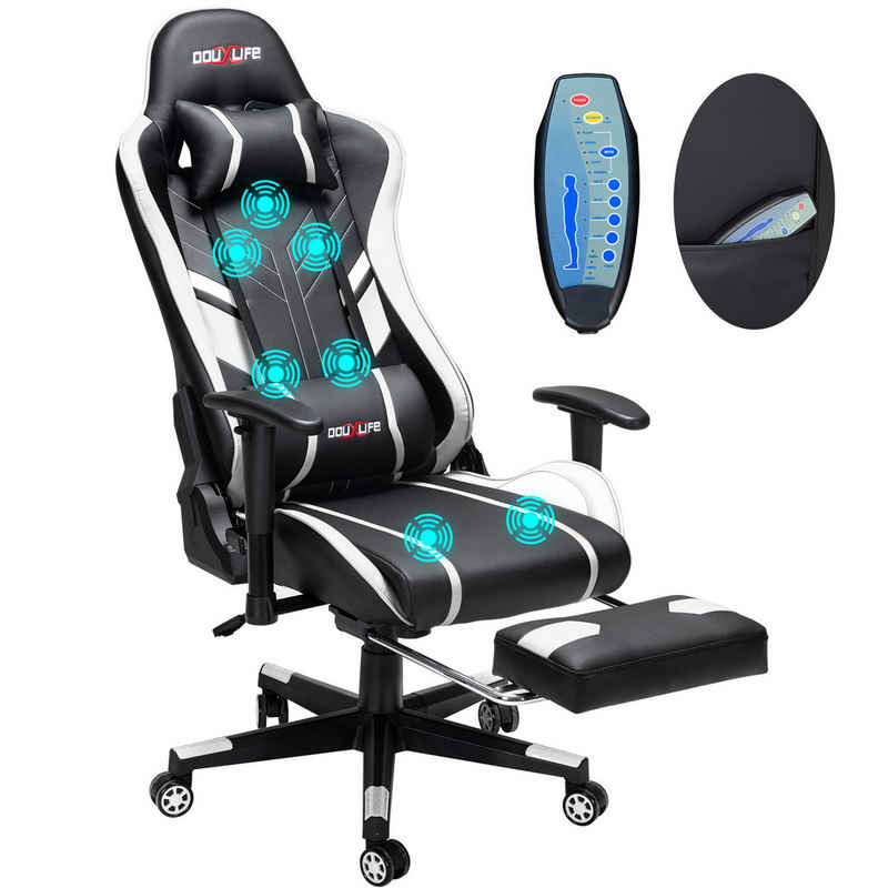 MAEREX Gaming-Stuhl (Ergonomischer Bürostuhl mit Fußstütze und Massage-Lendenkissen), 4 Massagemodi, Höhenverstellbar, Max 150kg, Hohe Rückenlehne