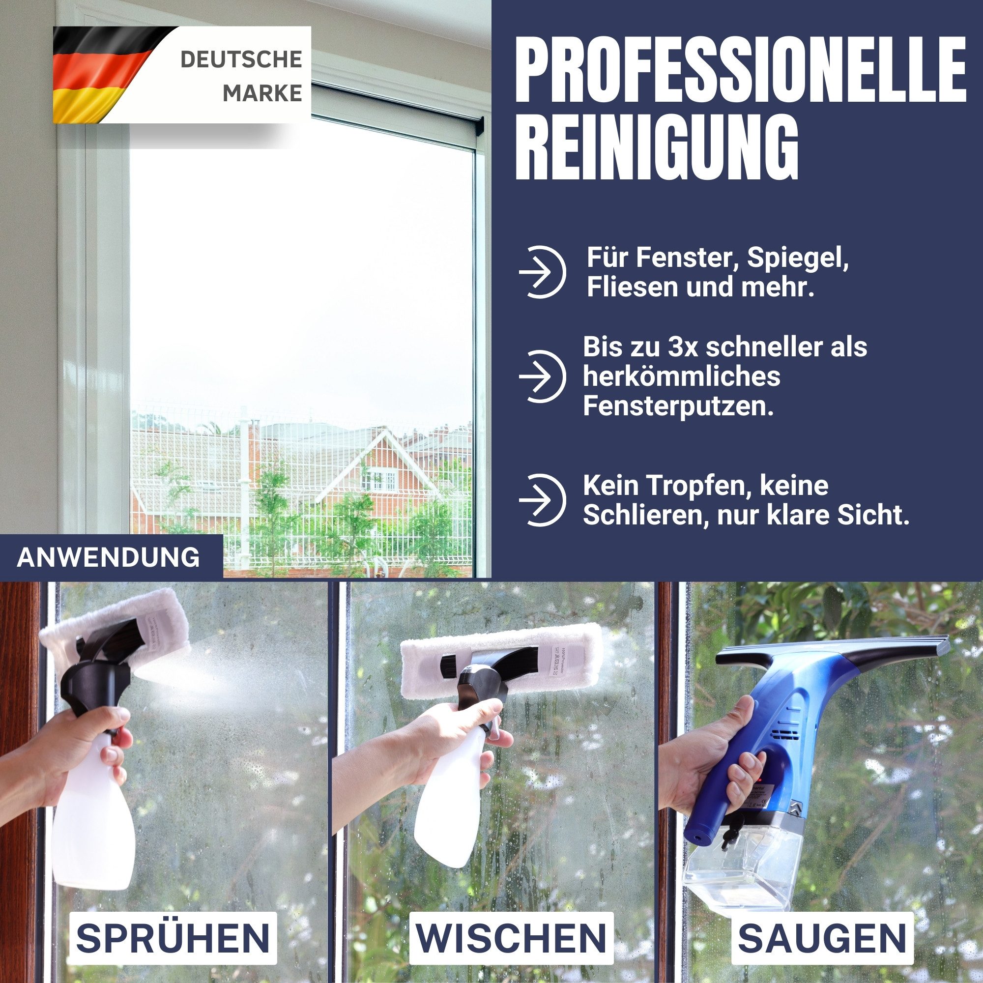 Sommertal Akku-Fenstersauger Fenstersauger Akku Set – Fensterreiniger mit Sprühflasche & Pad, Streifenfreier Fensterputz – 1600Pa Saugleistung, 25 Min Akku