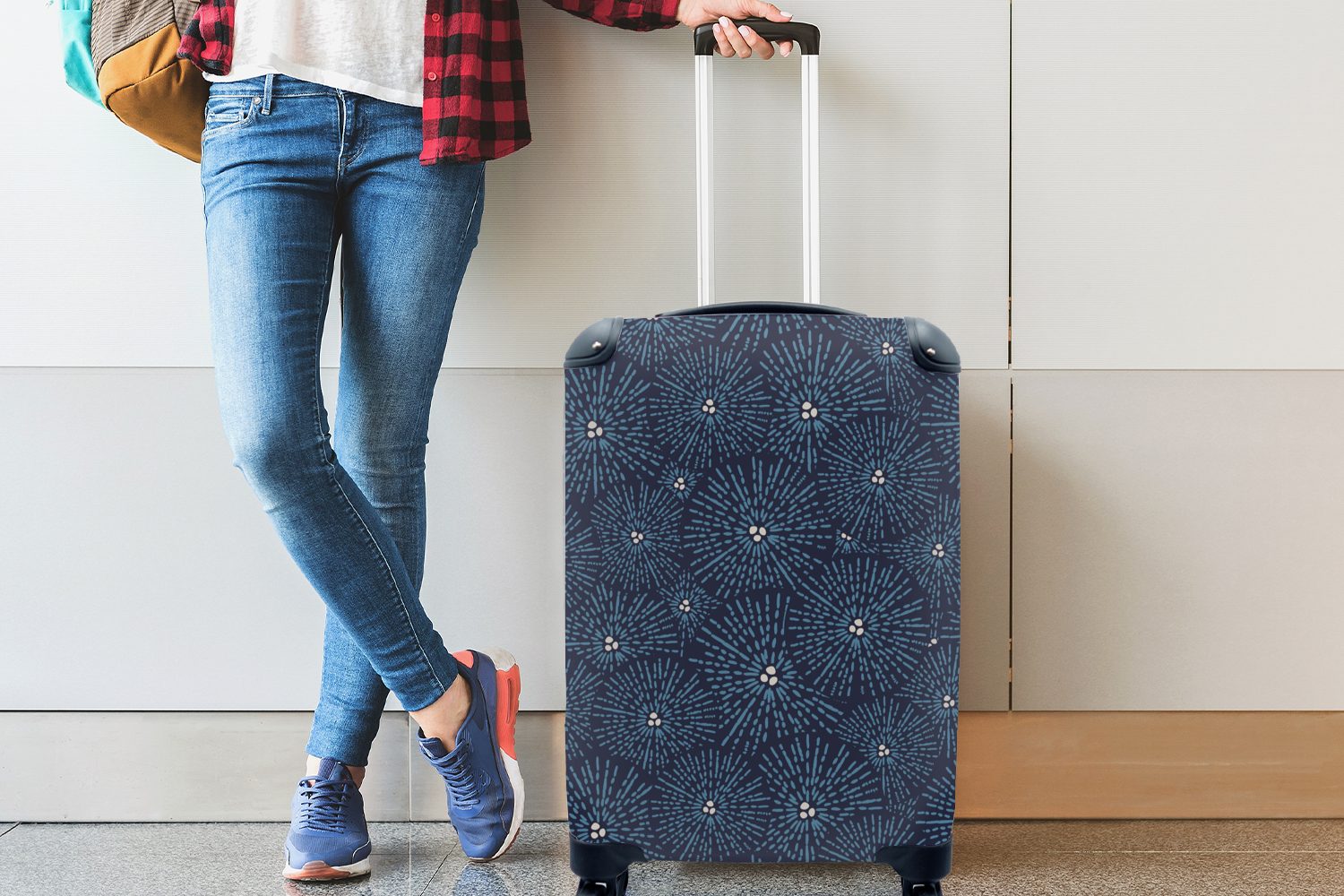 Reisetasche rollen, Handgepäck - MuchoWow Muster Blau - Handgepäckkoffer Reisekoffer für Ferien, 4 Japanisch mit - Weiß, Blumen Trolley, Rollen, -
