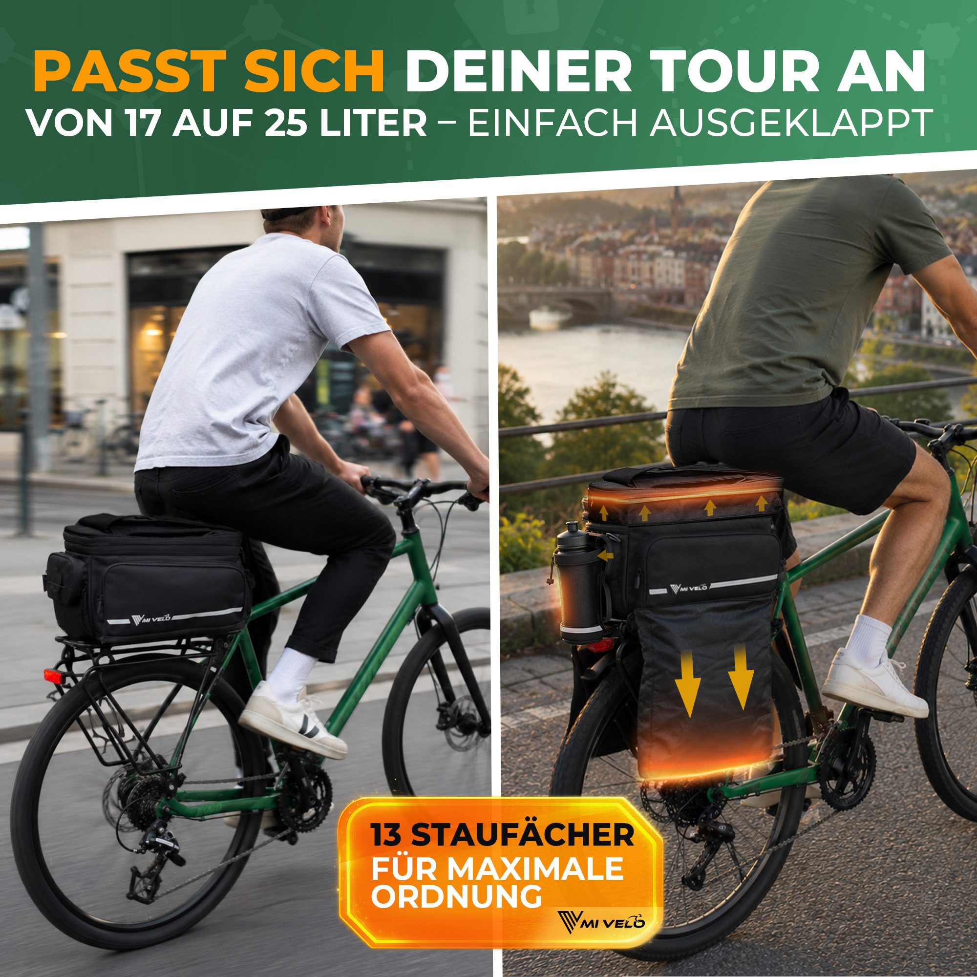 MIVELO Gepäckträgertasche für Fahrrad & E-Bike, wasserabweisend, erweiterbar 17–25 L, 13 Fächer, inkl. Regenüberzug und reflektierenden Elementen