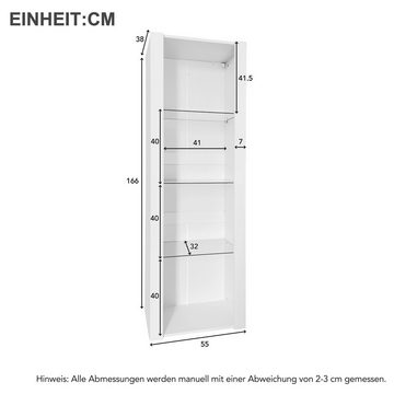 EXTSUD Vitrine Weiße Hochglanz-Vitrine mit LED-Beleuchtung, 3 Glasböden, 55*38*166 cm