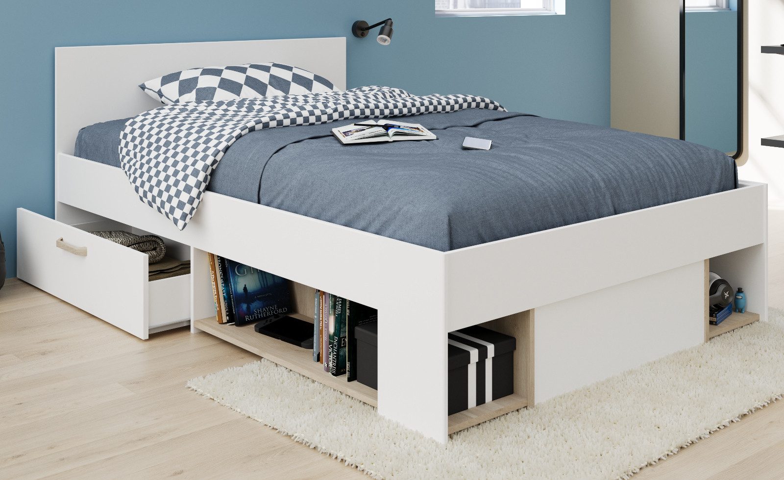 Parisot Stauraumbett Mika (Einzelbett in Weiß mit Eiche, Liegefläche 120 x 200 cm), inkl. 2x Bettschubkasten je 87 x 39 cm