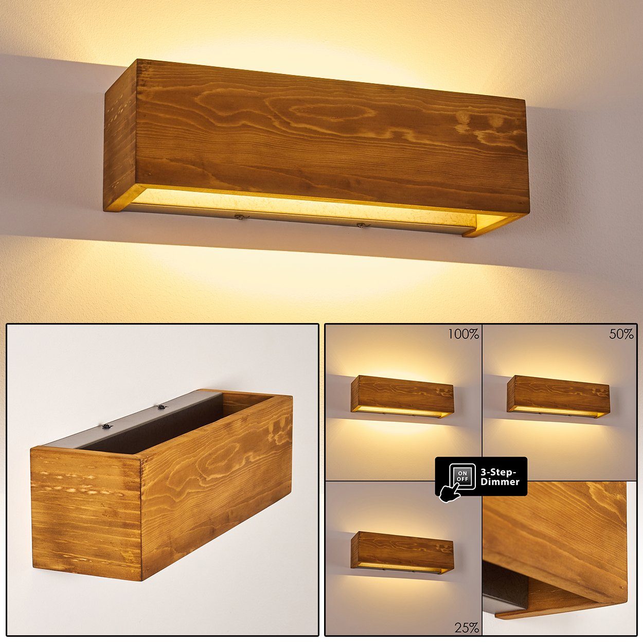 hofstein Wandleuchte »Volano« LED Wandlampe dimmbare aus Holz/Metall in Braun/Grau, 3000 Kelvin, 13, 5 Watt, 1800 Lumen, längliche Innen. Up&Down Effekt an der Wand