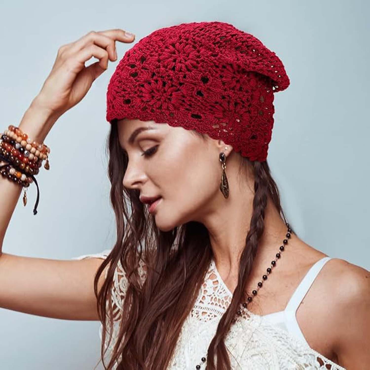 Bwecuy Beanie Baumwolle Häkelmütze Handgemachte Strick Floral Slouchy (4-St)