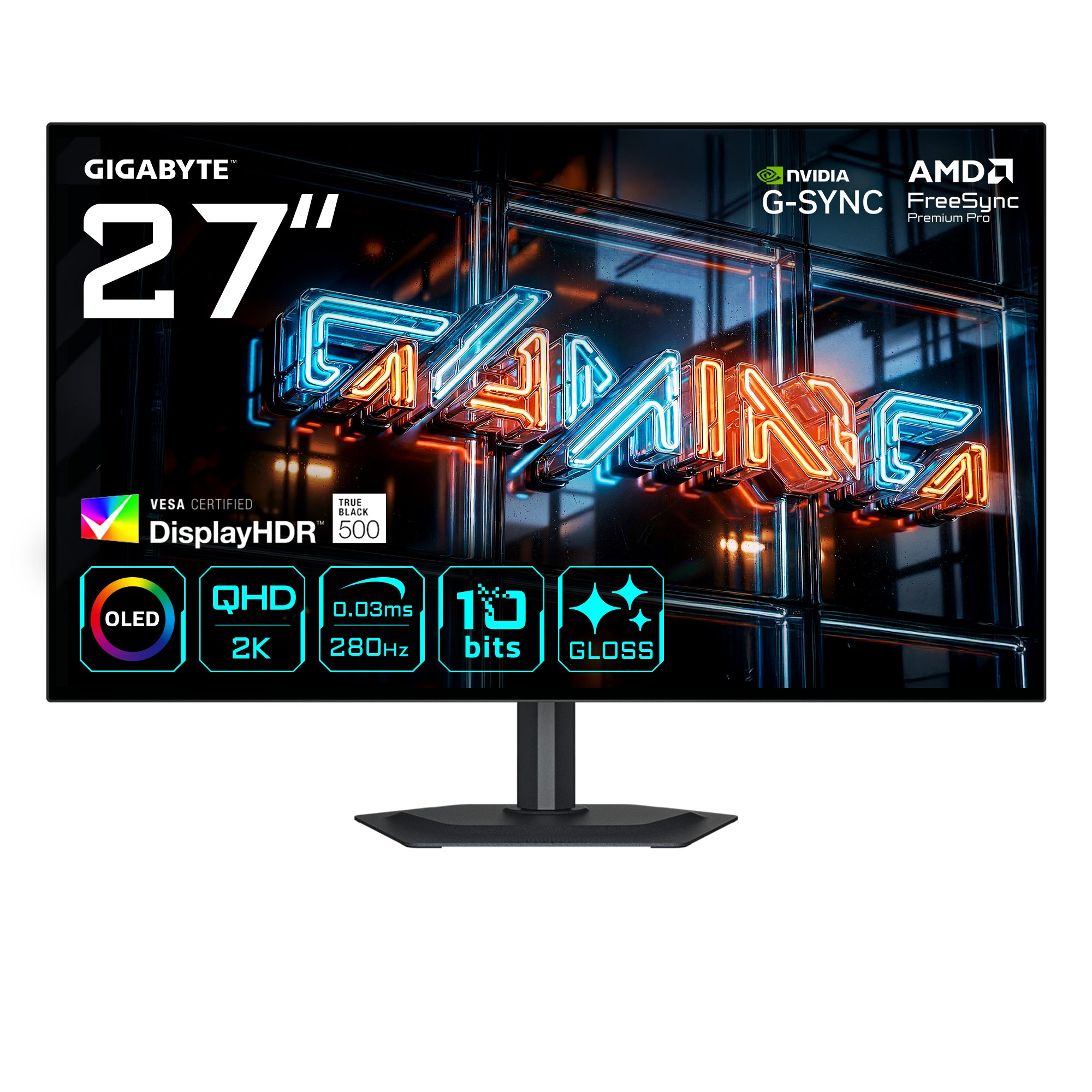 Gigabyte MO27Q28GR OLED-Monitor (67,3 cm/27 ", 2560 x 1440 px, QHD, 0,03 ms Reaktionszeit, 280 Hz, OLED, dreh-, neig-, schwenk-, höhenverstellbar, Lautsprecher)