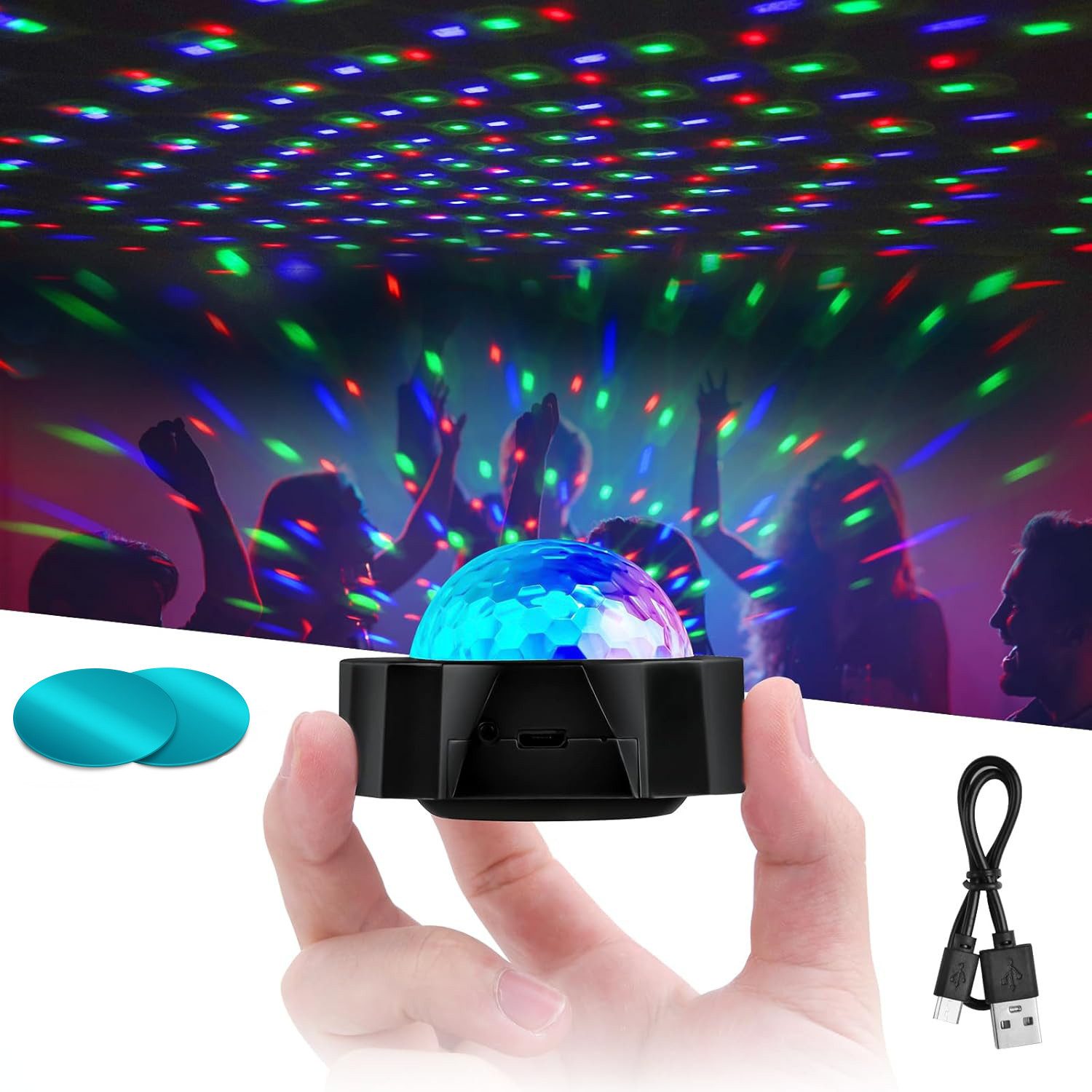 BlingBin Discolicht 3-farbige RGB-Mini-Disco-Licht-Party-Lampe, über USB aufladbar, Sound Aktivierte, LED fest integriert, RGB, Sprachgesteuerte Mini-Discokugel – Ideal für Partys & Auto-Innenräume