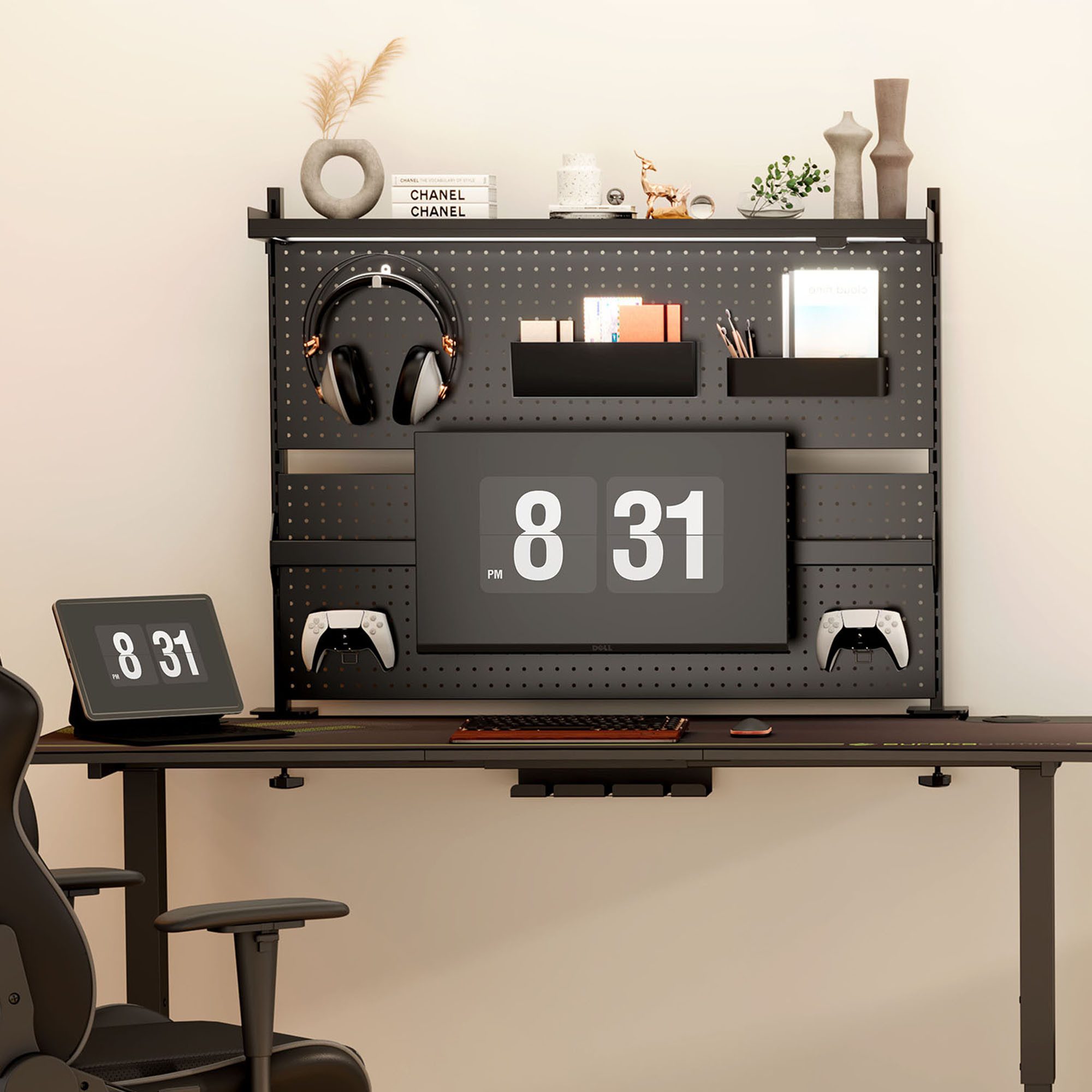 EE EUREKA ERGONOMIC Monitor-Halterung LED Schreibtisch Stecktafel Groß Pegboard Wand für Gamer Computertisch, (1-tlg., mit RGB Lichtstreifen Groß Pegboard Wand Büroregal für Gamer Computer)