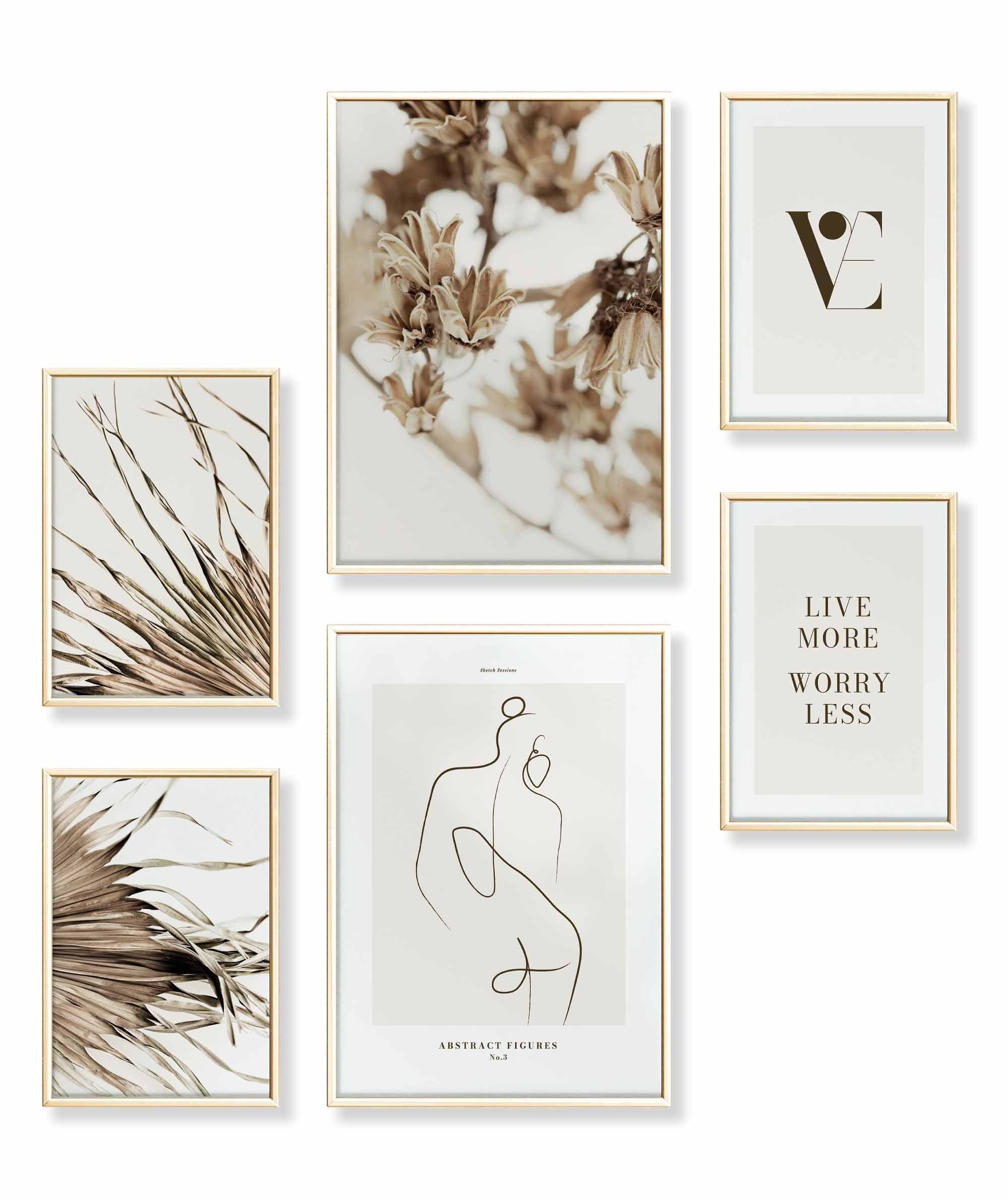 Poster Set als Wohnzimmer Deko, Bilder DINA3 & DINA4, Abstrakt Beige Blume