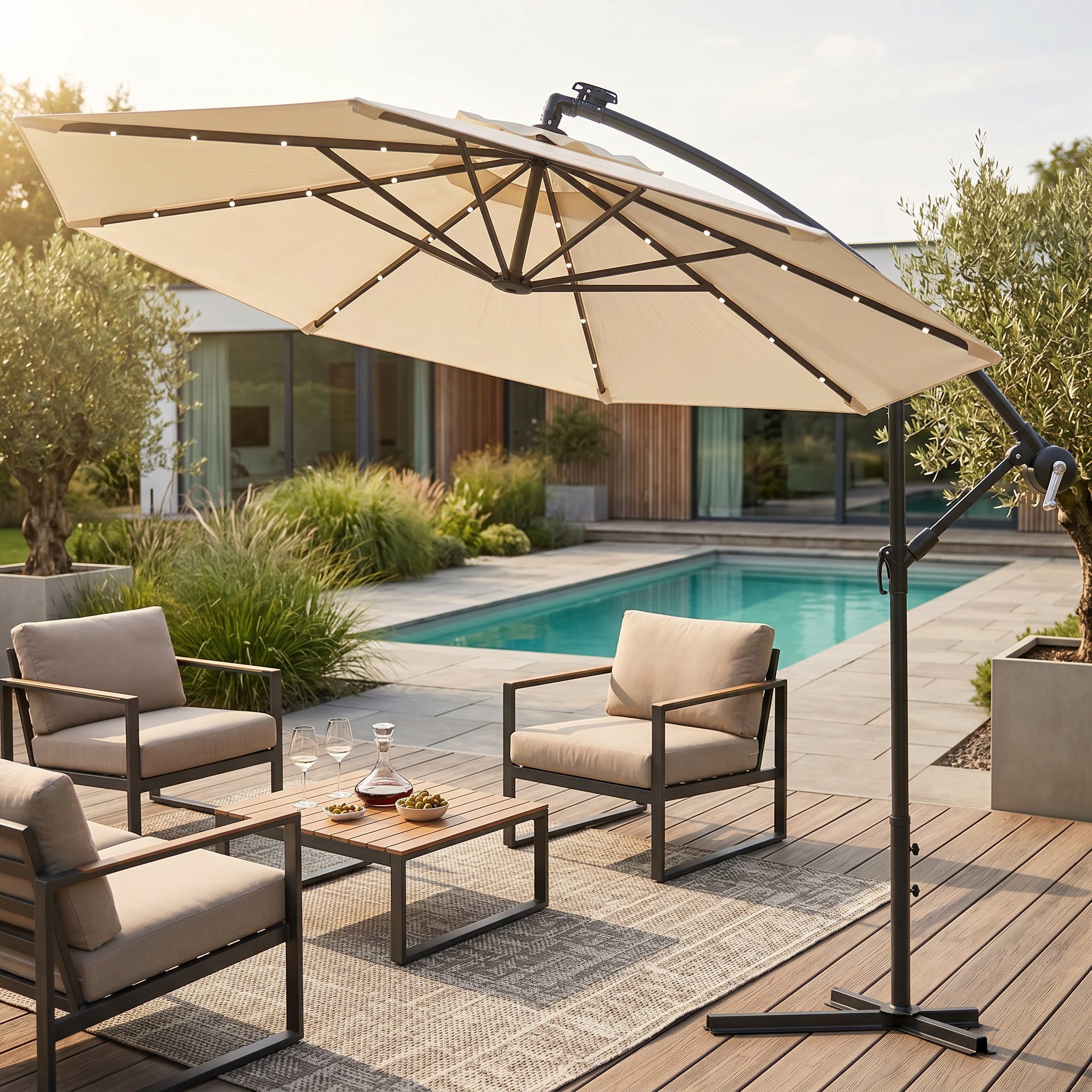 Swing&Harmonie Sonnenschirm mit LED Beleuchtung Luxus Ampelschirm 300 / 350cm, Garten Schirm inkl. Abdeckhaube